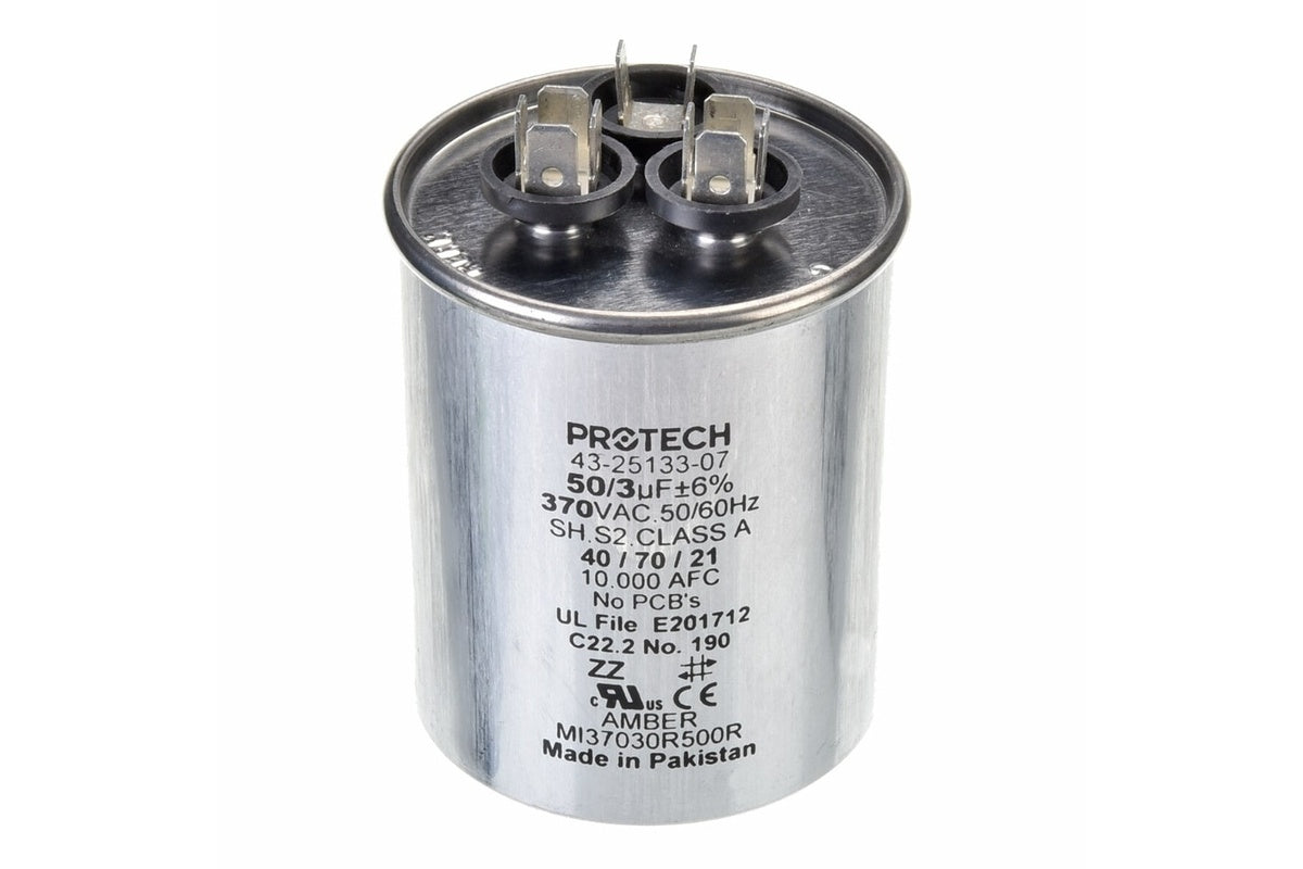 Rheem 43-25133-07 Dual Capacitor, 50/3 MFD, 370V Round