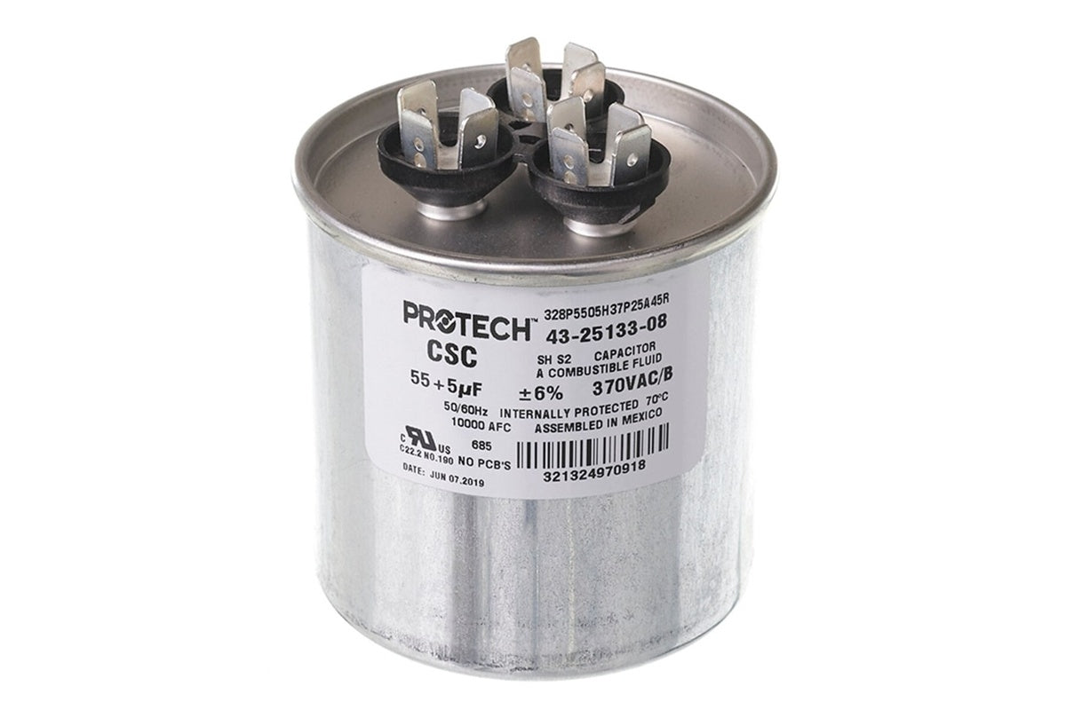 Rheem 43-25133-08, 55/5 MFD Dual Round Capacitor, 370V