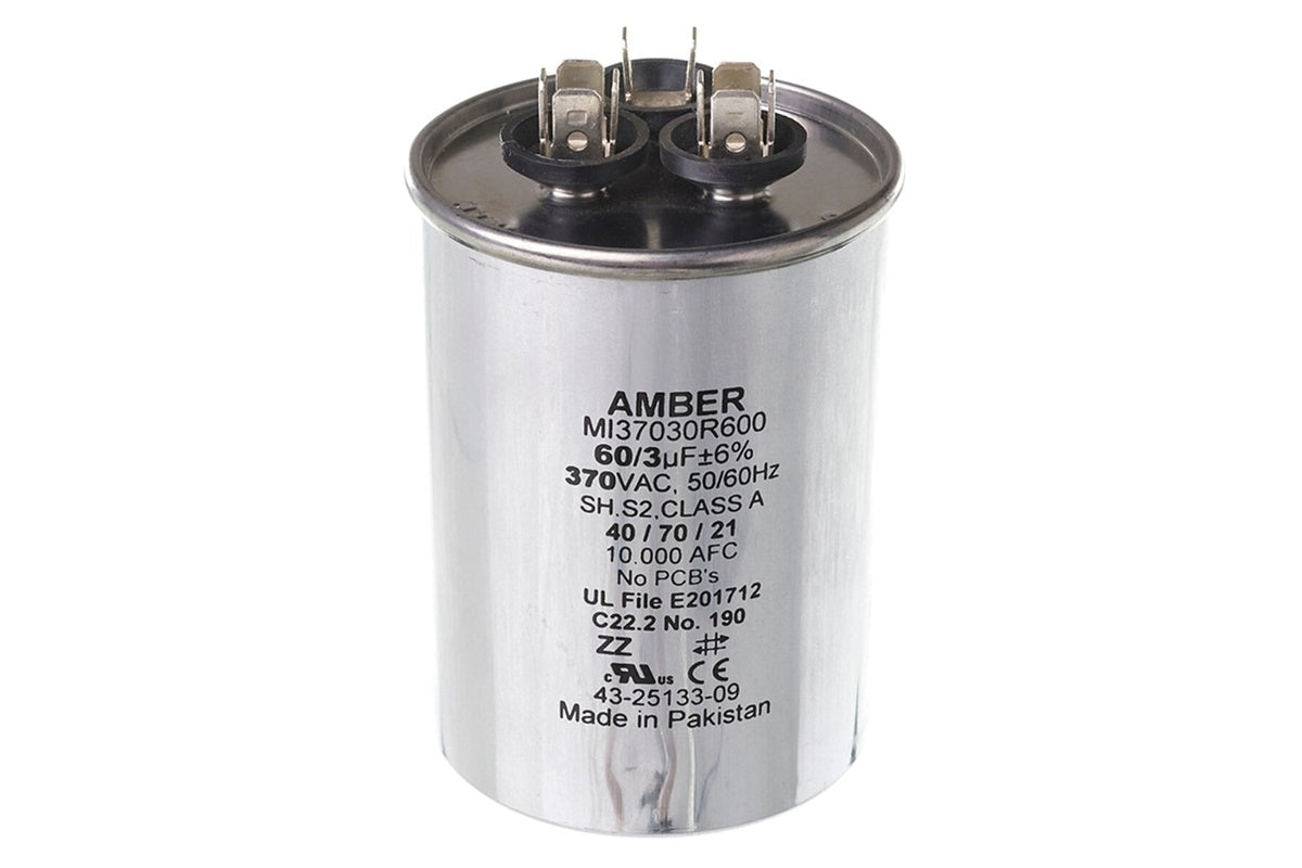 Rheem 43-25133-09, 60/3 MFD Round Run Capacitor, 370V