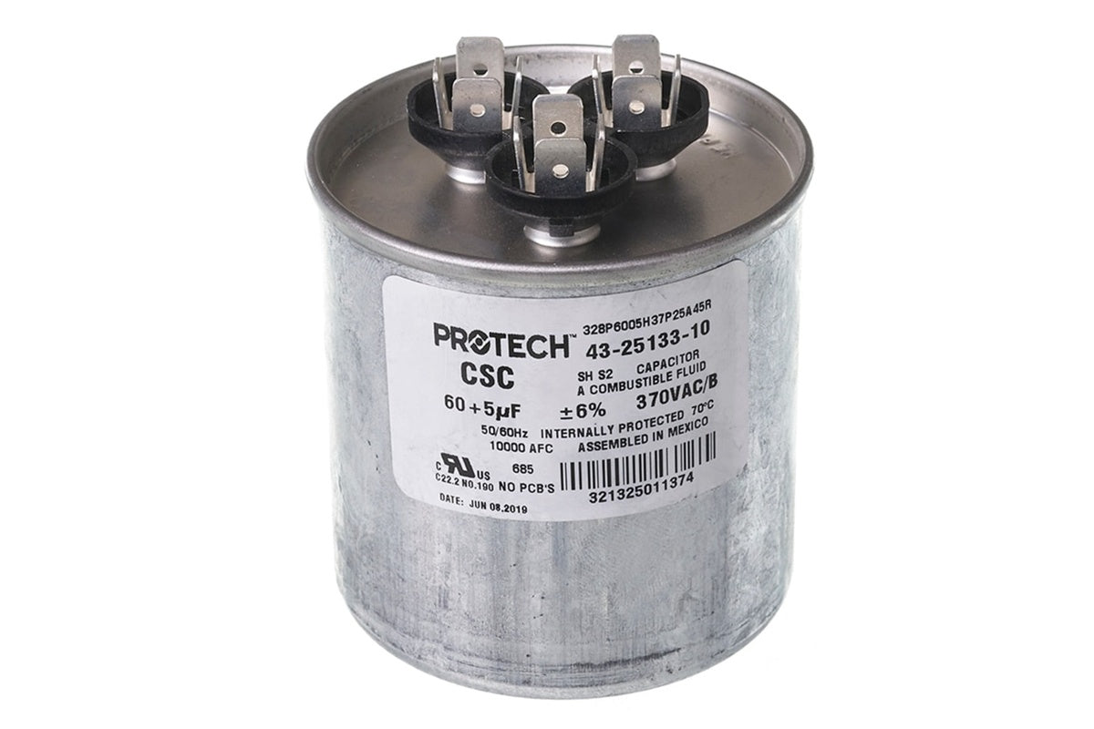 Rheem 43-25133-10 Dual Capacitor, 60/5 MFD, 370V Round