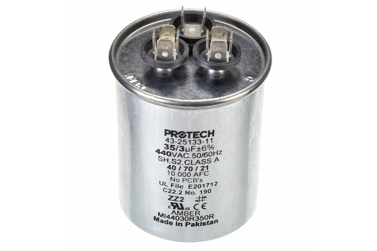 Rheem 43-25133-11, 35/3 MFD Round Run Capacitor at 440V