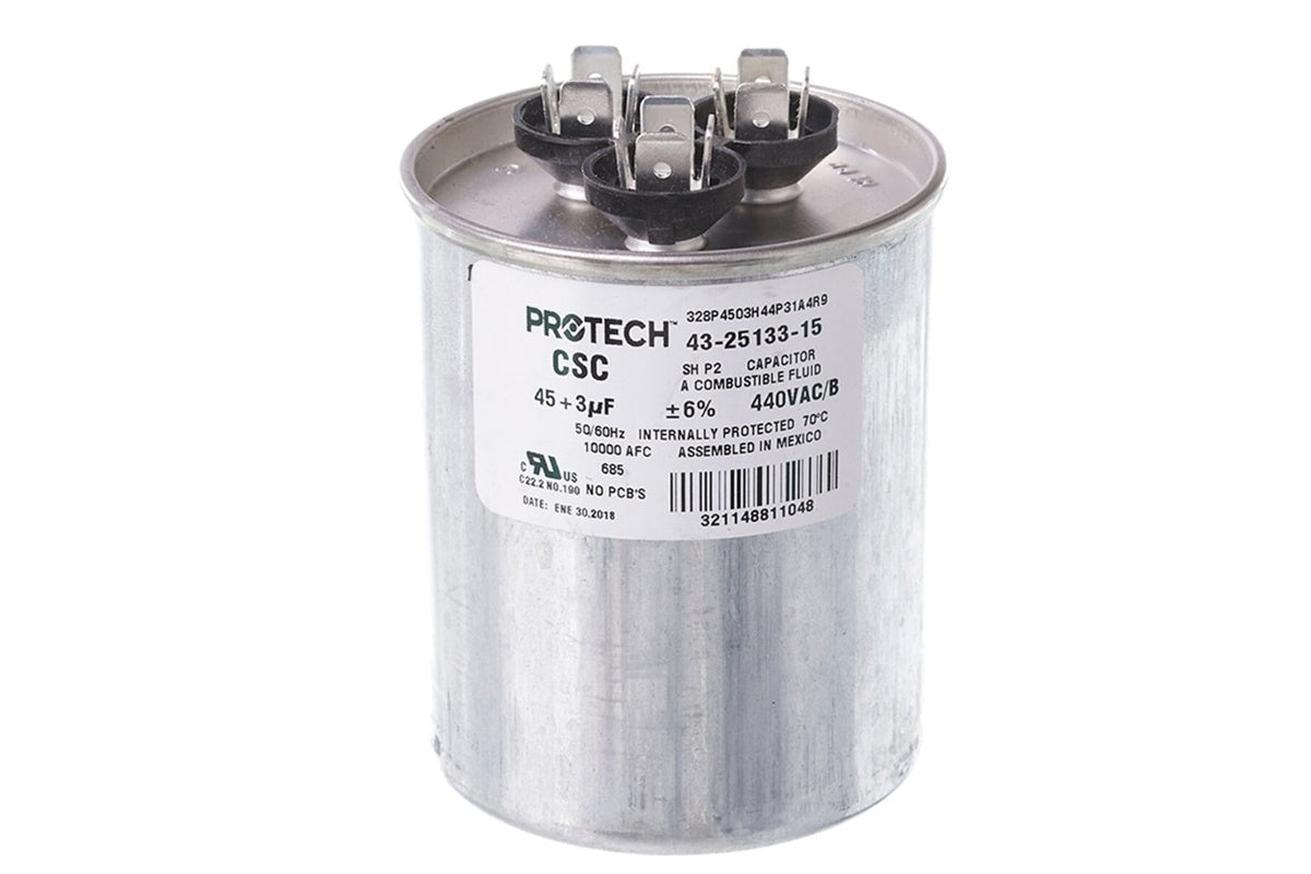 Rheem 43-25133-15, 45/3 MFD Round Run Capacitor at 440V