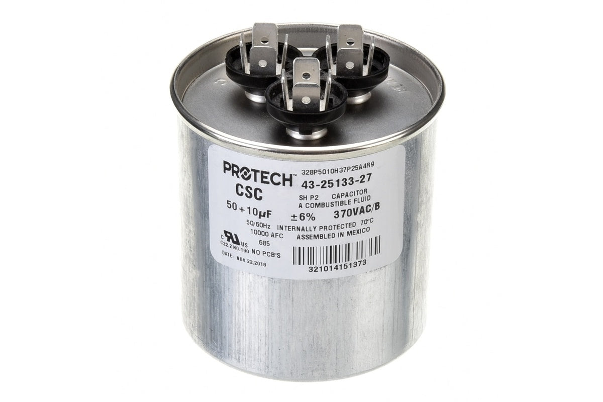 Rheem 43-25133-27, Dual Round Capacitor, 50/10 MFD at 370V