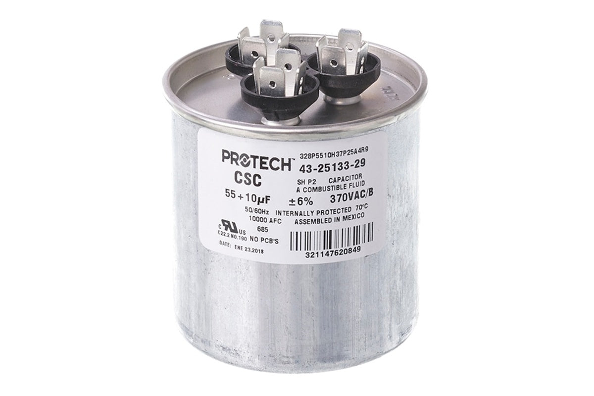 Rheem 43-25133-29, 55/10 MFD Round Run Capacitor, 370V