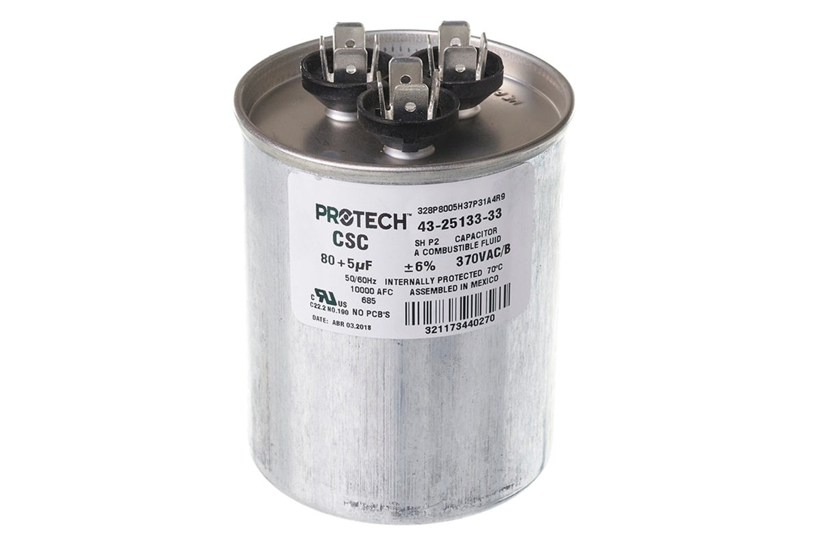 Rheem 43-25133-33, 80/5 MFD Round Run Capacitor, 370V