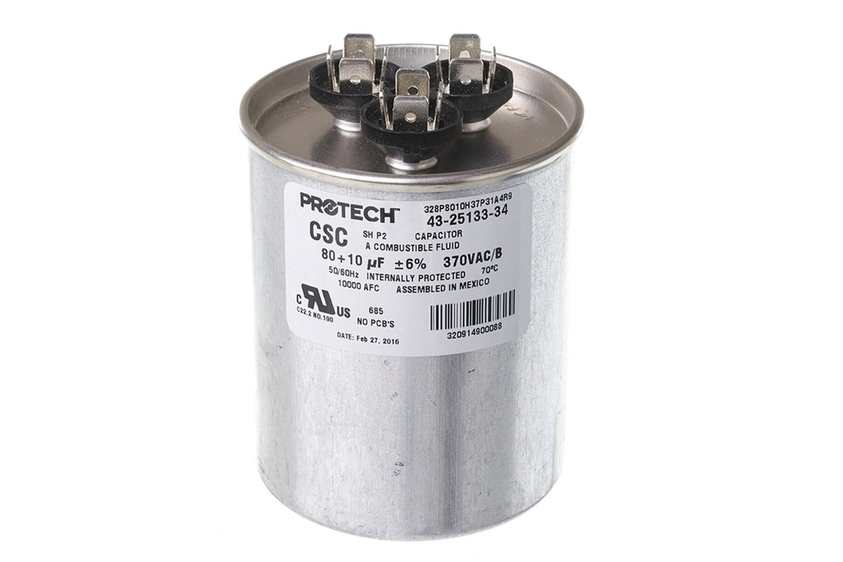 Rheem 43-25133-34, 80/10 MFD 370V Round Run Capacitor