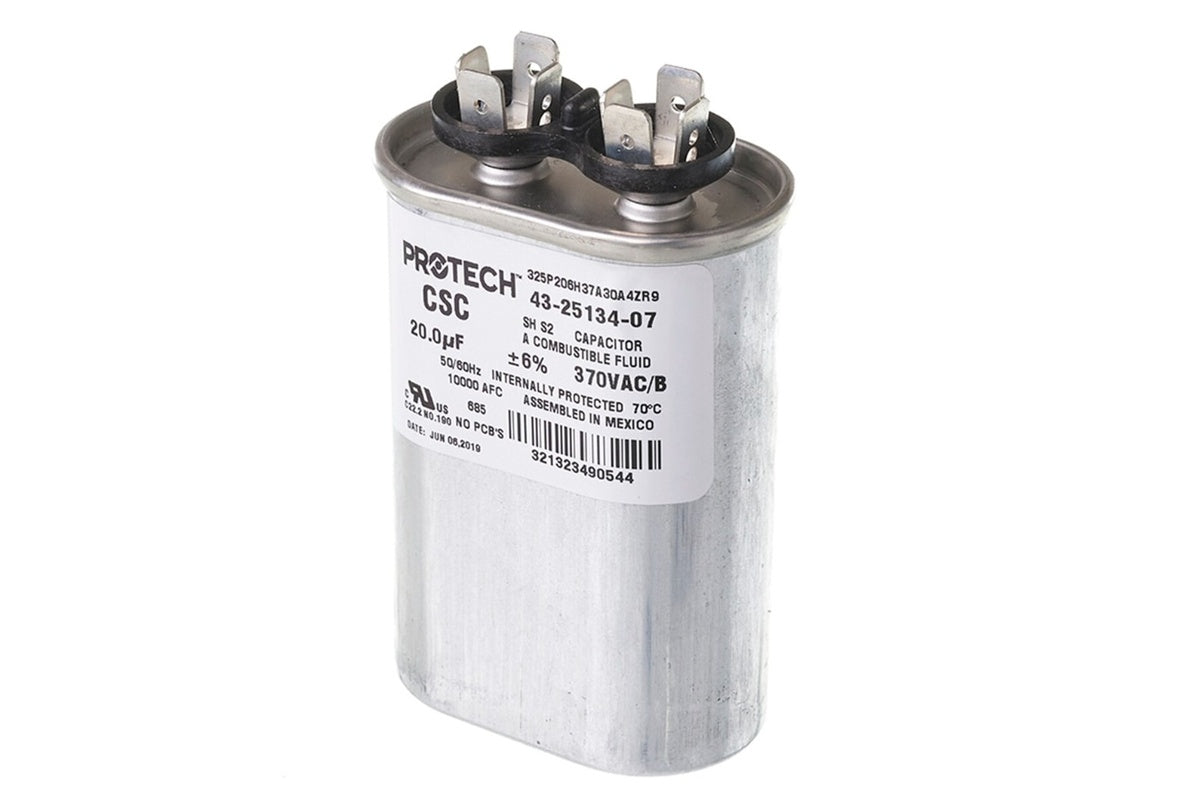 Rheem 43-25134-07, Capacitor 20 MFD Oval Shape, Voltage Rating of 370V