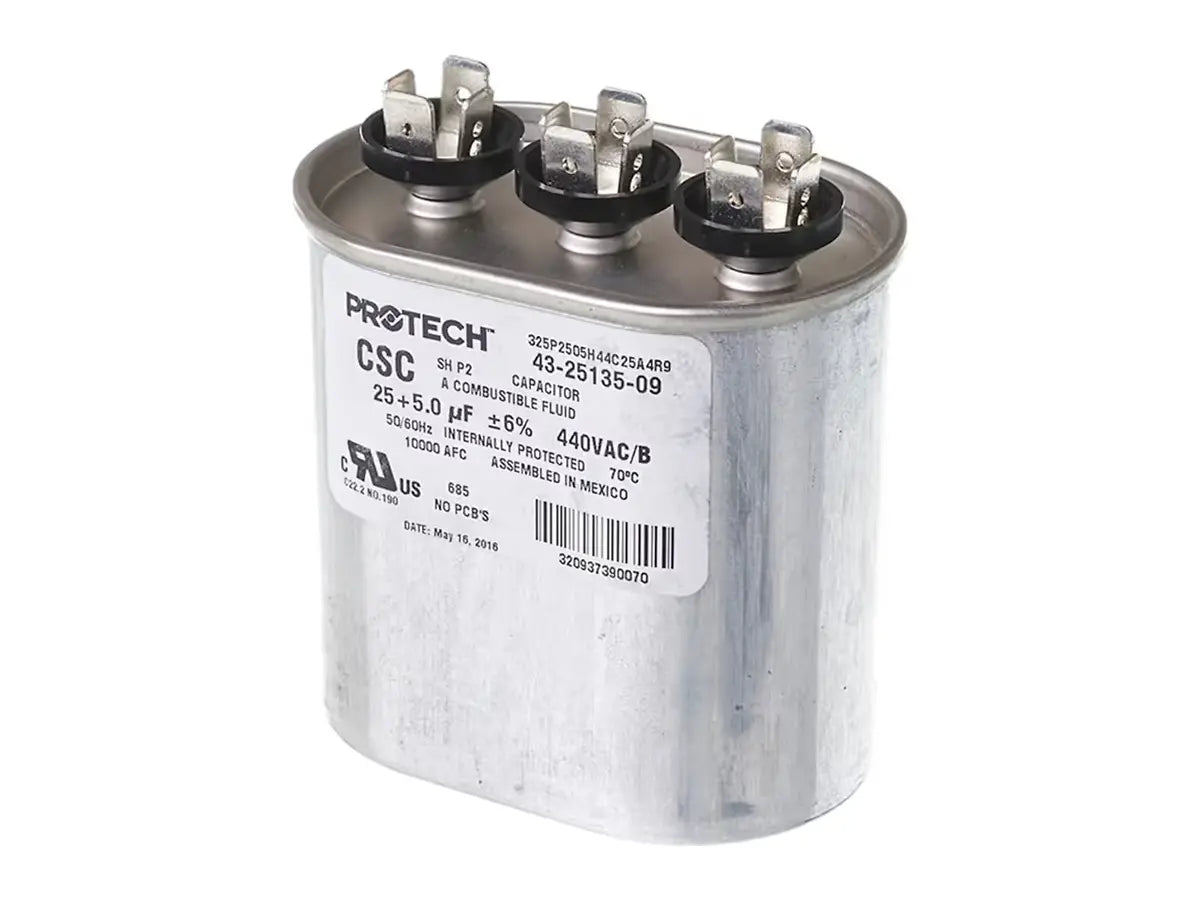 Rheem 43-25135-09, Capacitor, 25/5/440 Dual Oval