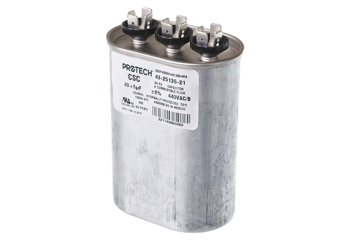 Rheem 43-25135-21, Dual Oval Capacitor 40/5 MFD at 440V
