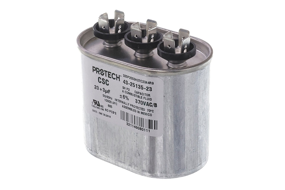 Rheem 43-25135-23, Dual Capacitor Oval Shape, 20/3 MFD at 370V