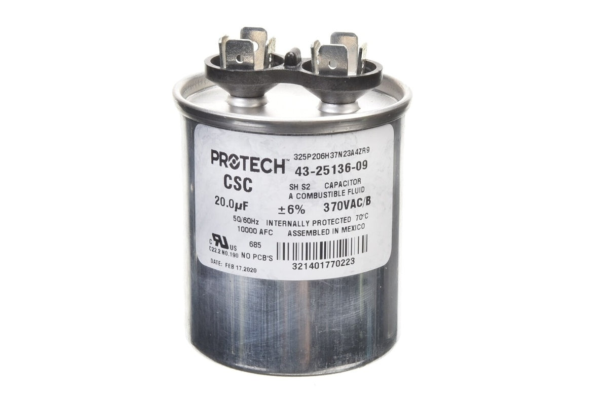 Rheem 43-25136-09, 20MFD 370V Round Run Capacitor