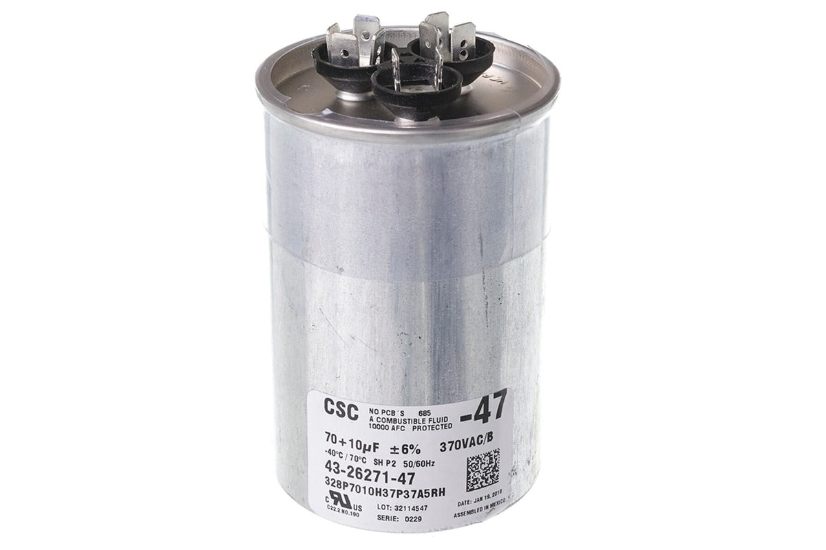 Rheem 43-26271-47, 70/10 MFD Dual Round Capacitor, 370V