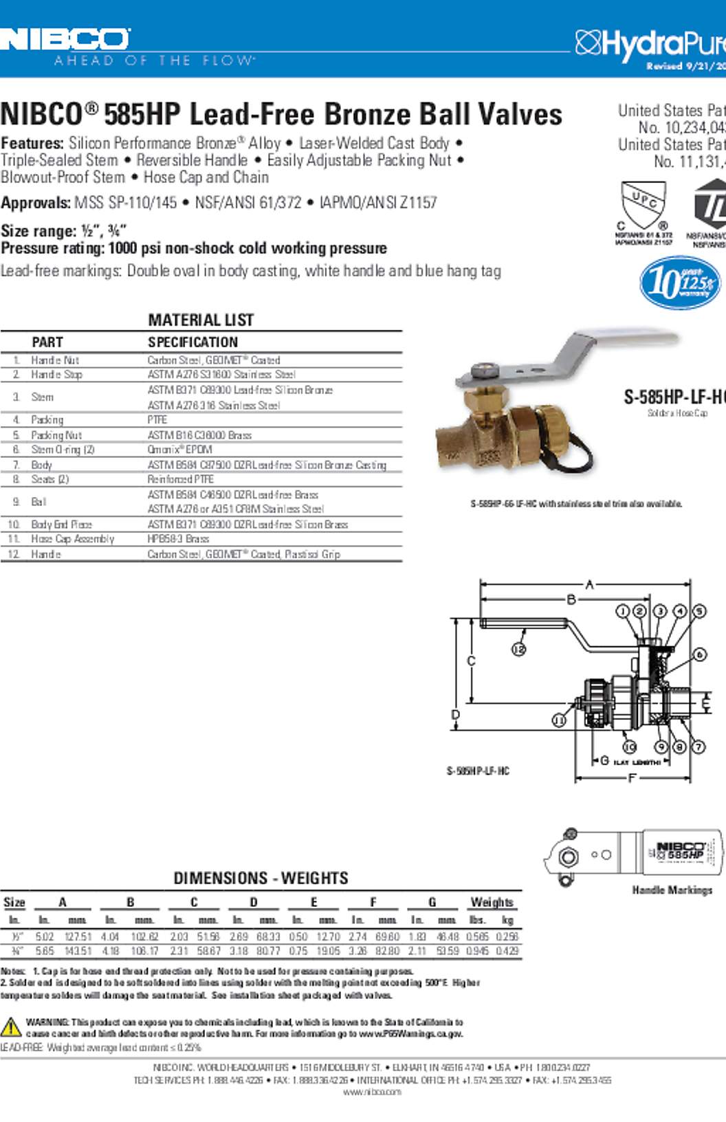 NIBCO S-585HP-LF-HC Submittal