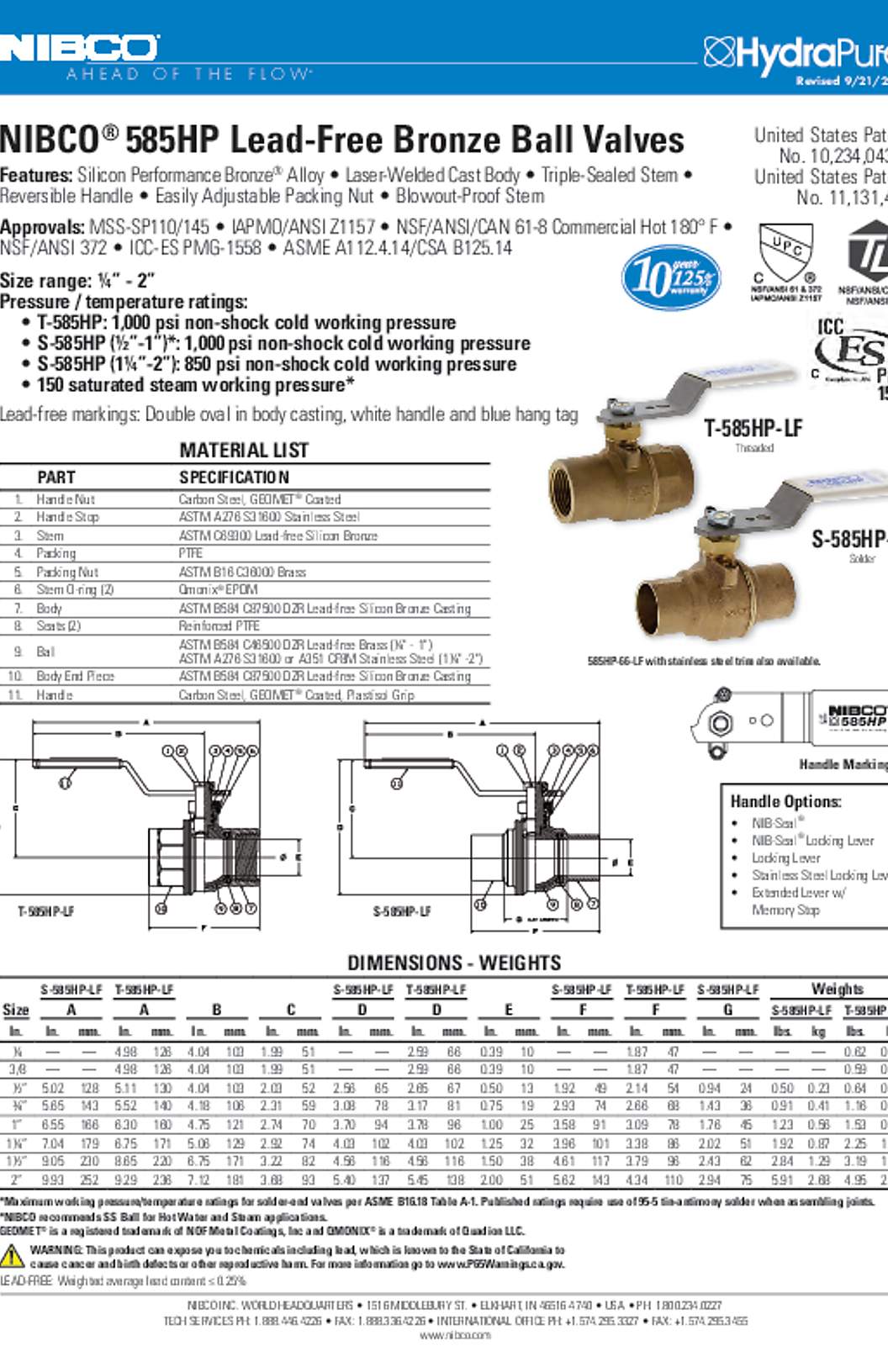 NIBCO S-585HP-LF Submittal