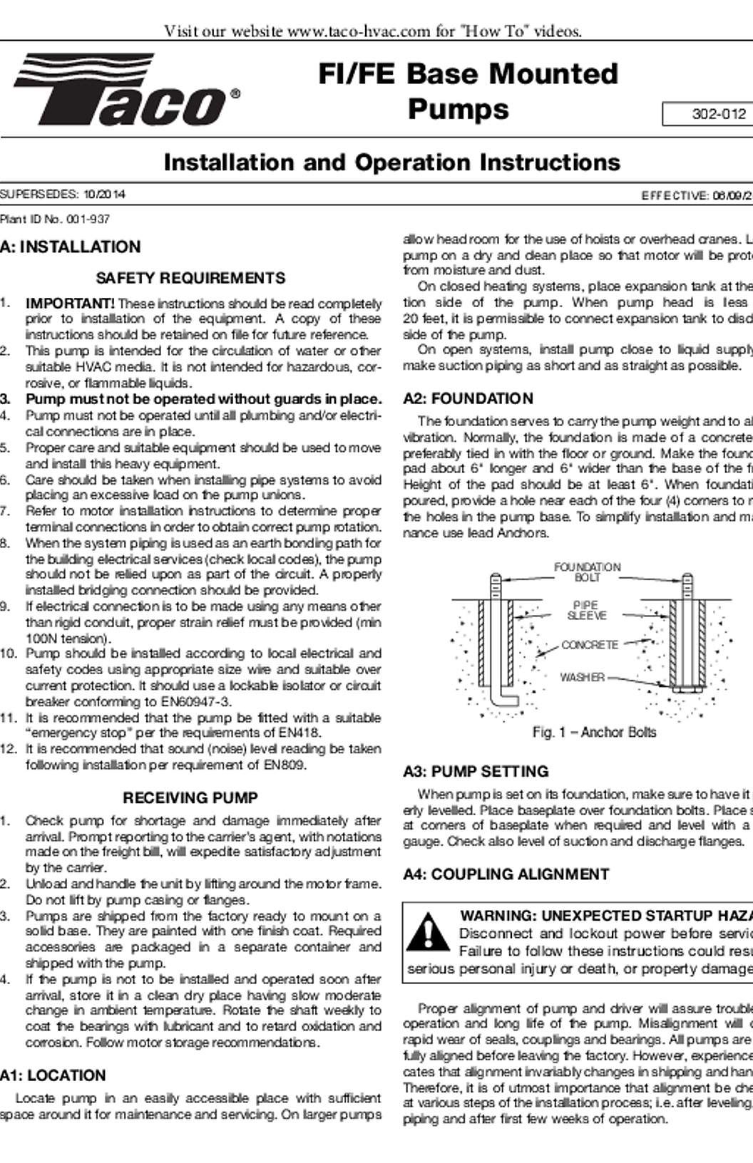 Taco FI Series Base-Mounted End Suction Pumps Manual