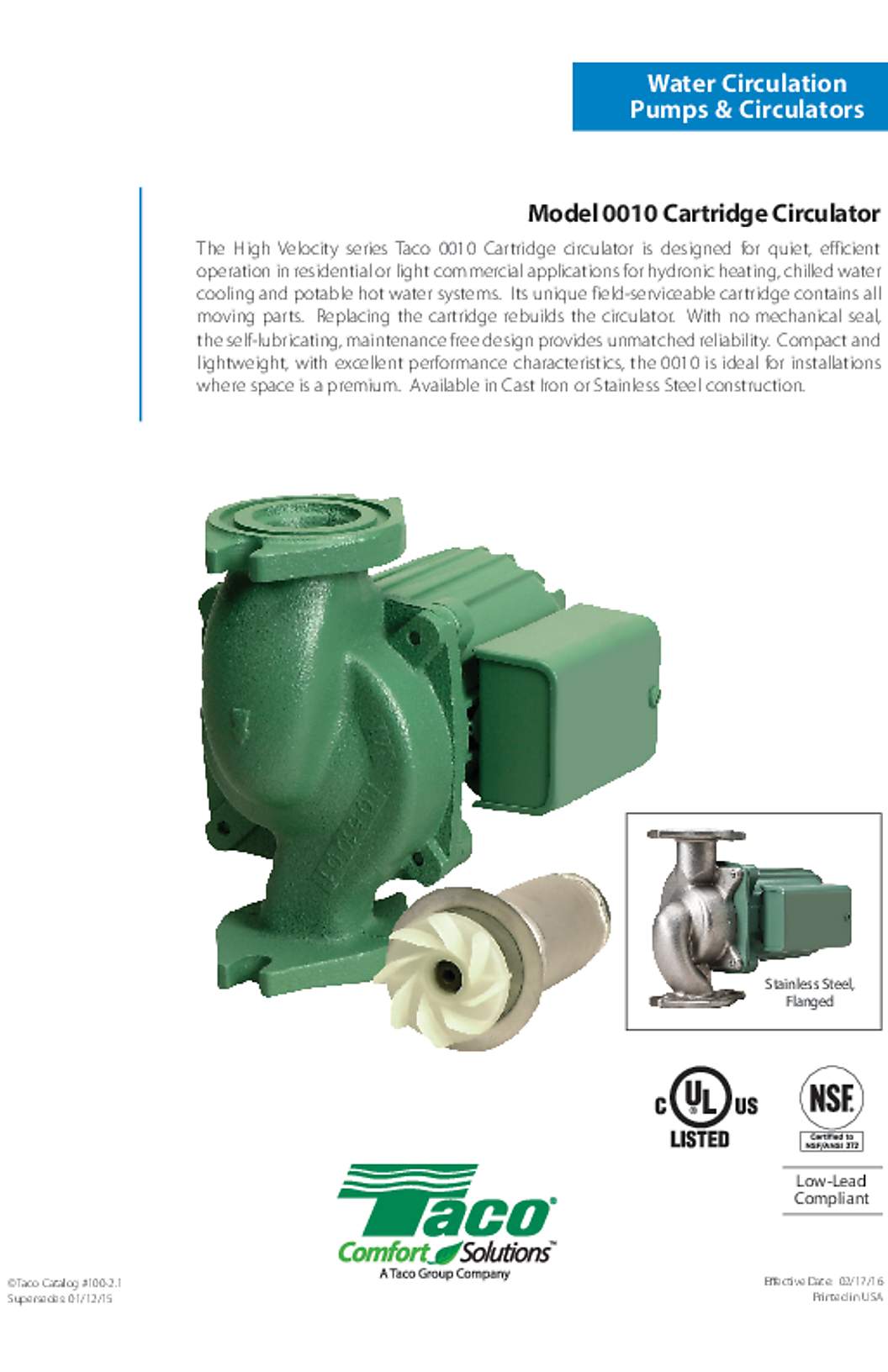Taco 0010 Cartridge Circulator Catalog