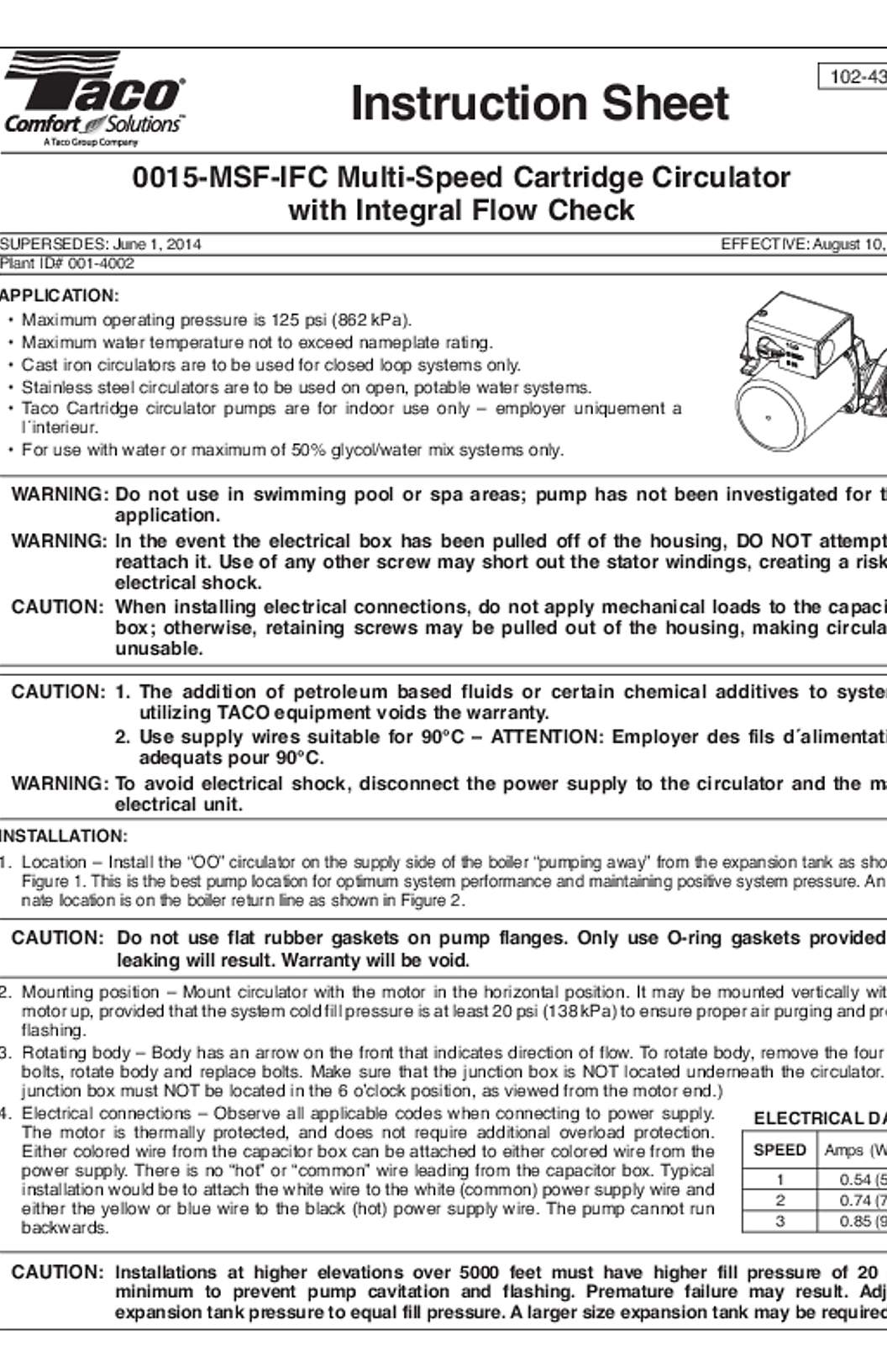 Taco 0015-MSF-IFC Instructions