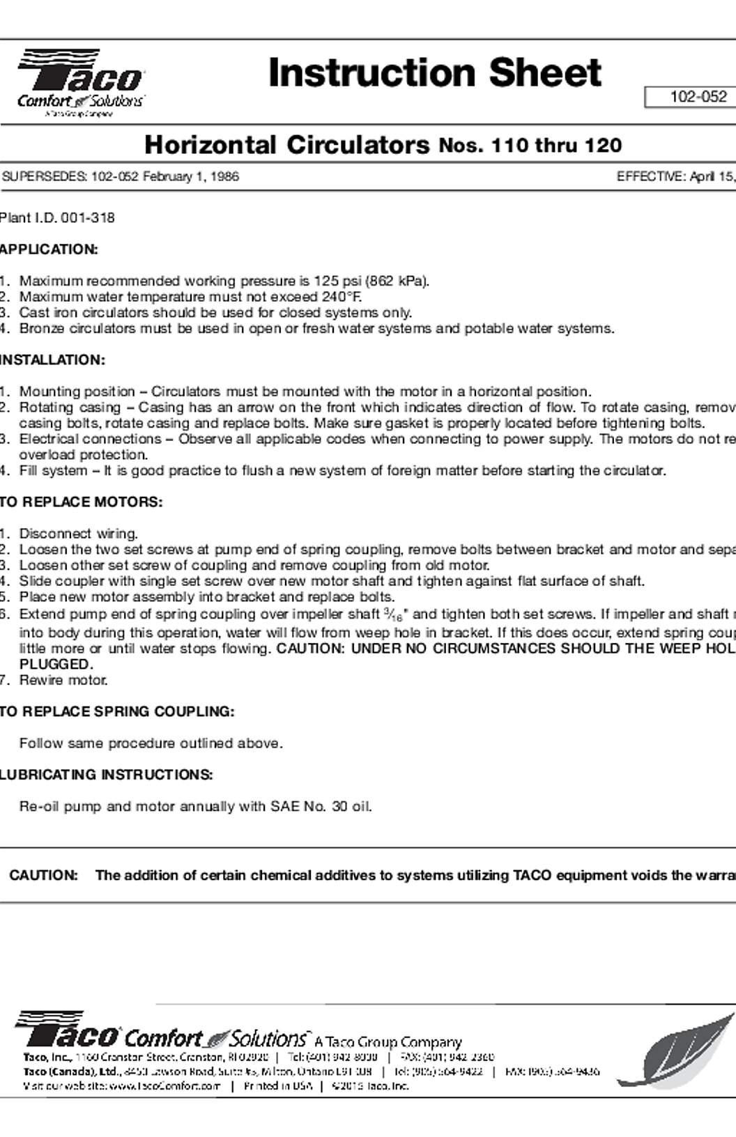 Taco 110-120 Circulator Instructions