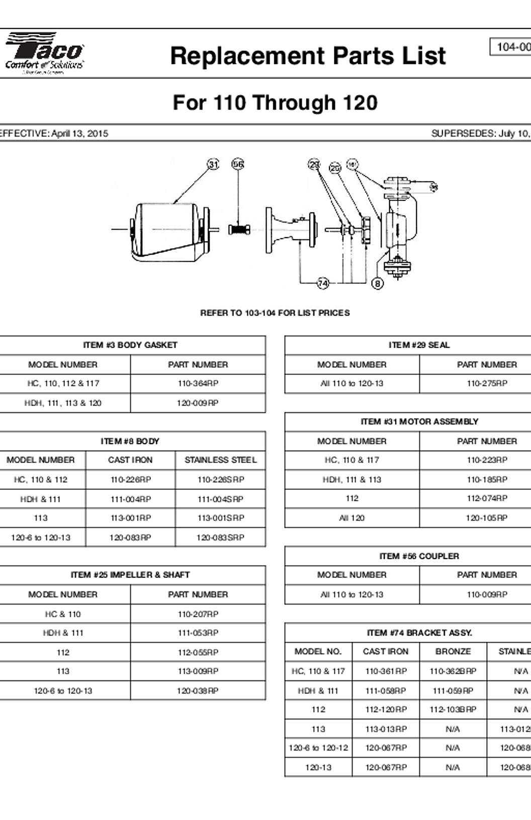 Taco 110-120 Circulator Parts