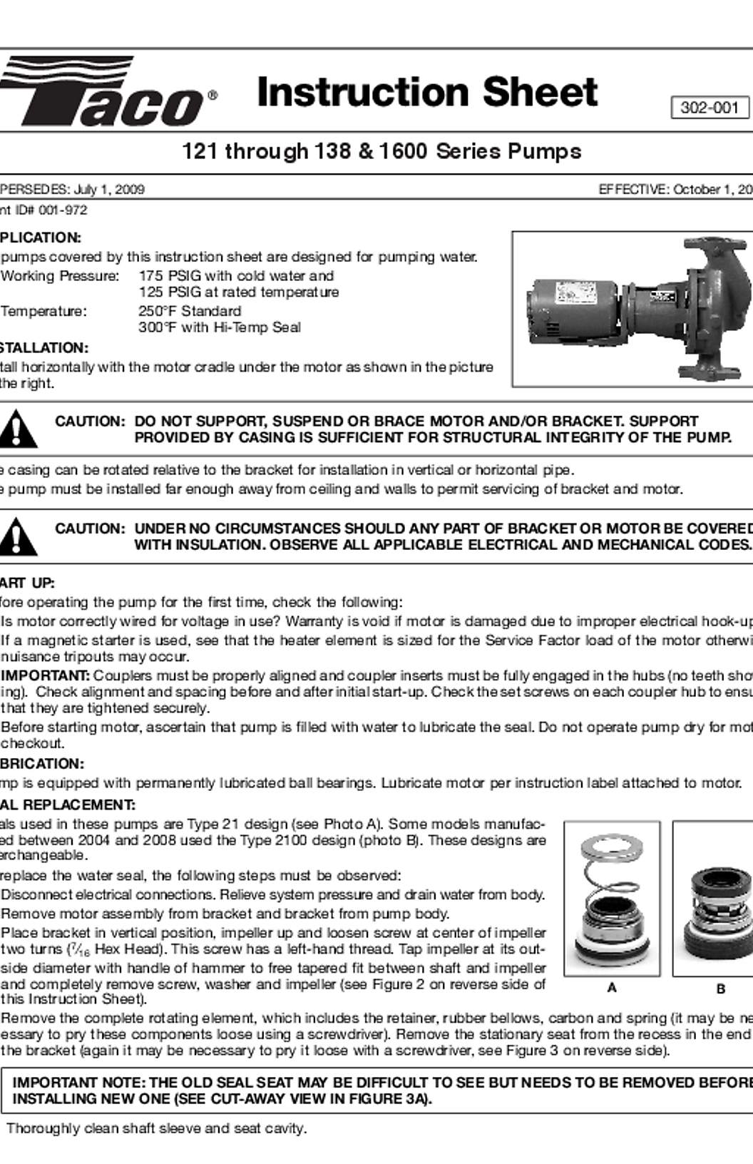 Taco 121-138 & 1600 Series Pumps Instructions
