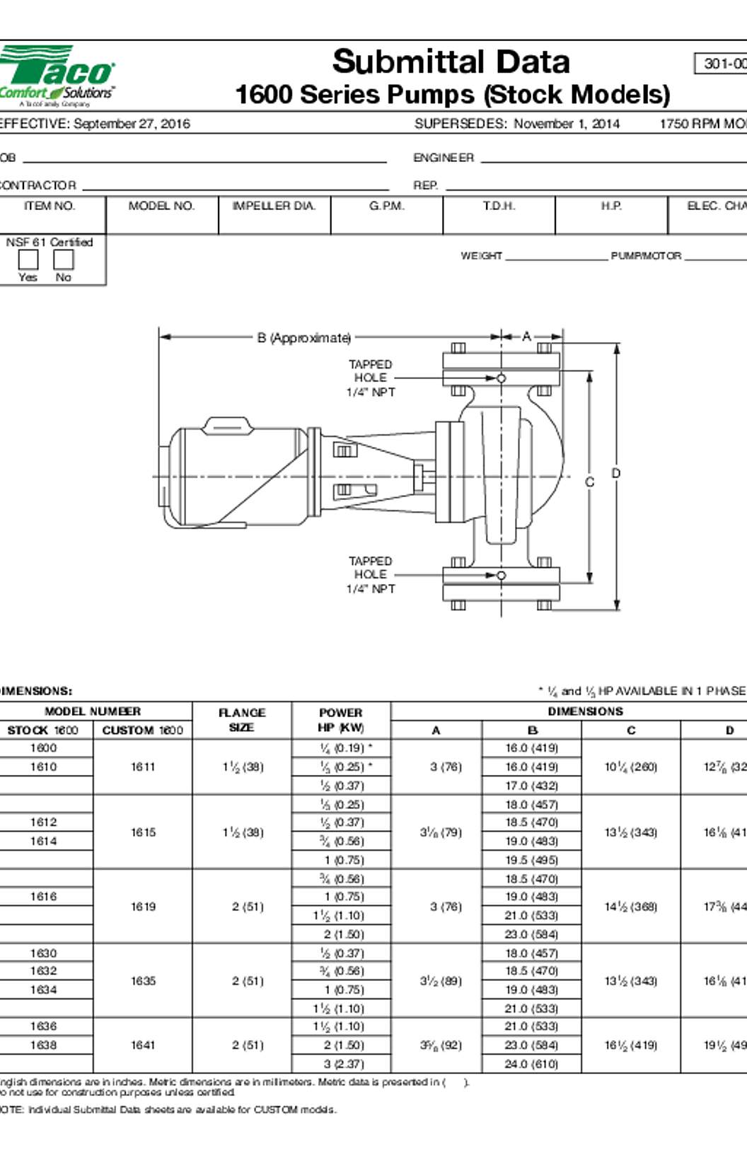 Taco 1600 Series Stock Models Submittal
