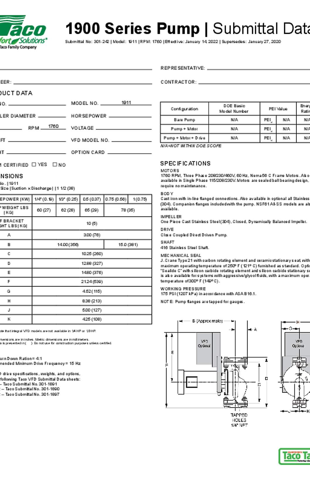 Taco 1900 Series Pumps Submittal Data