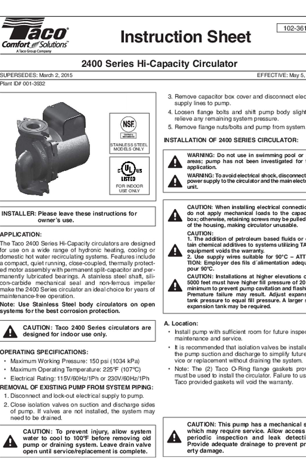 Taco 2400 Series Instructions