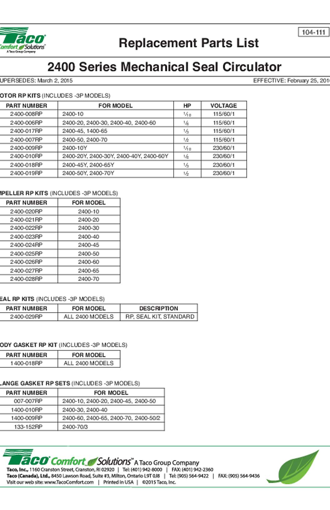 Taco 2400 Series Parts