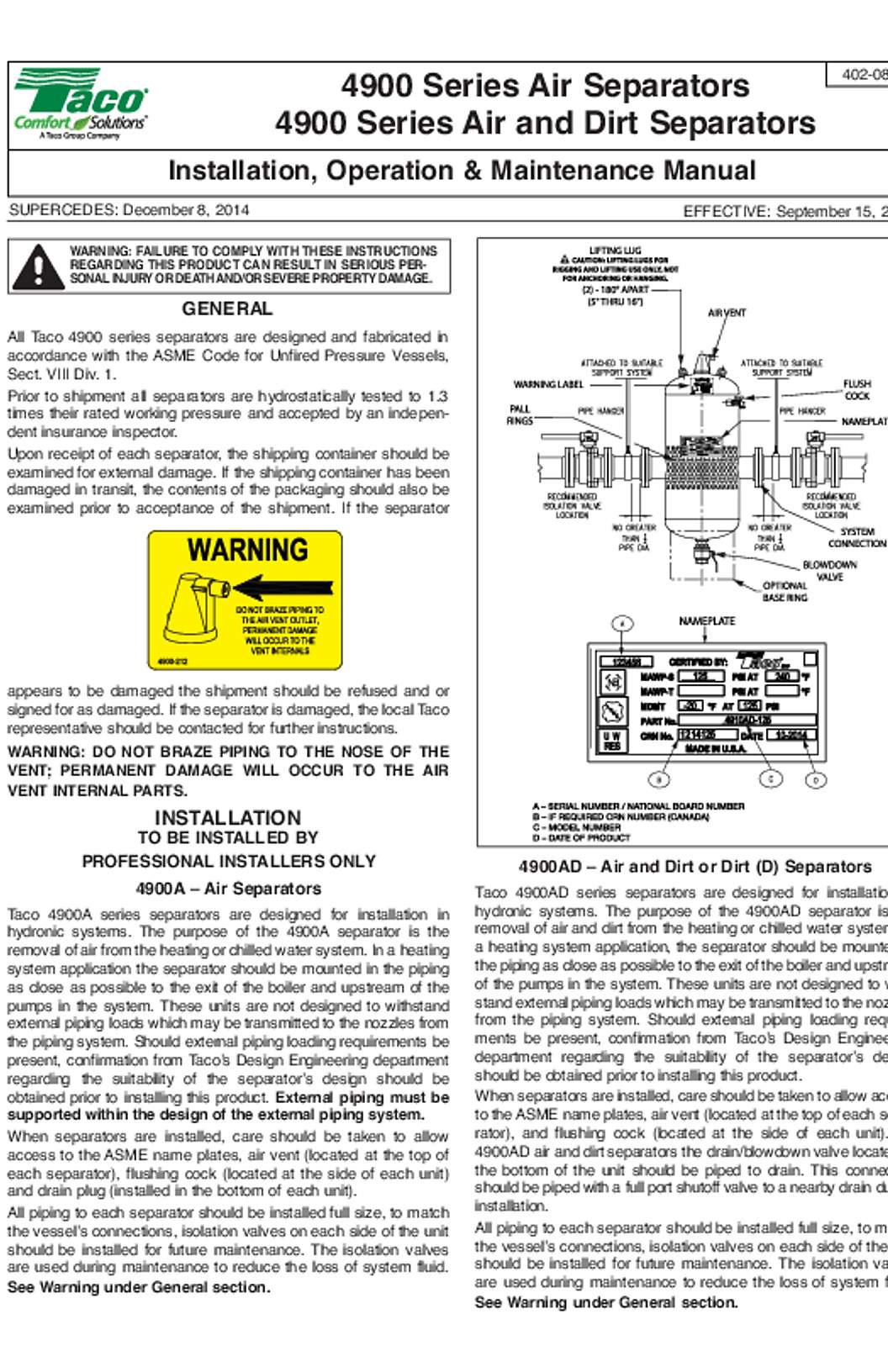 Taco 4900 Series Air Separators Instructions