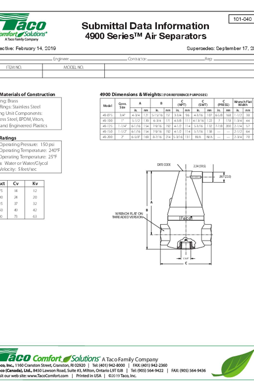 Taco 4900 Series Air Separators: Efficiency of Air Separation