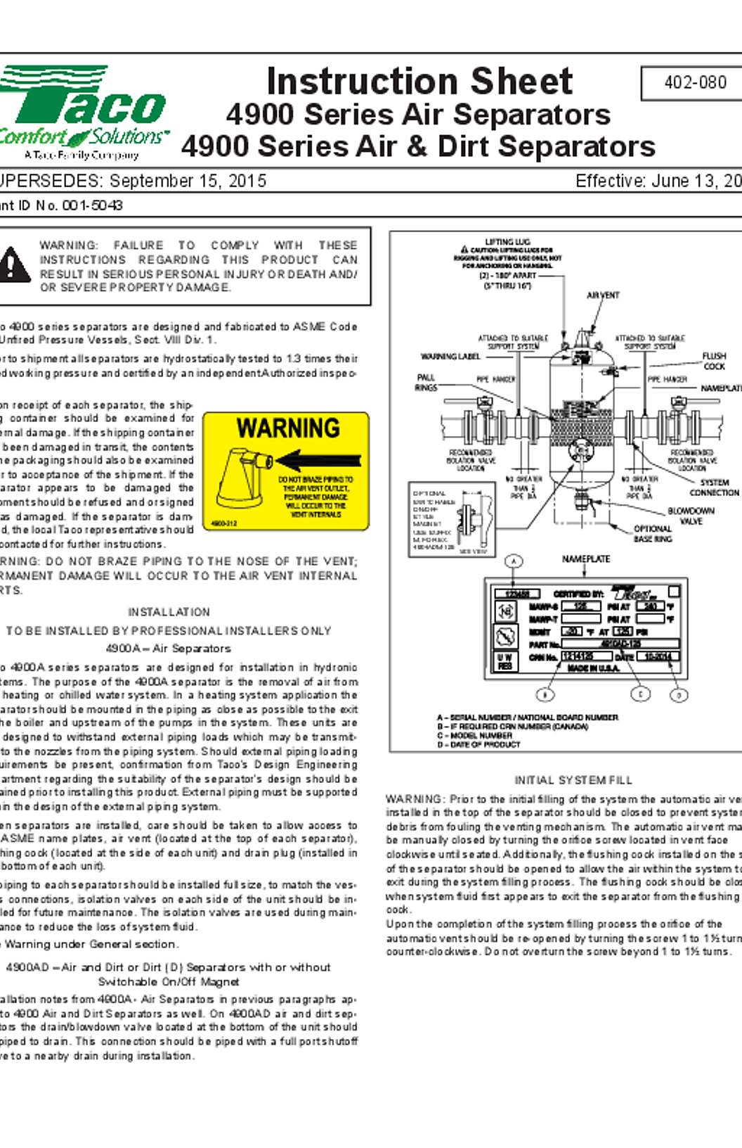 Taco 4900 Series Commercial Air Separators Instructions