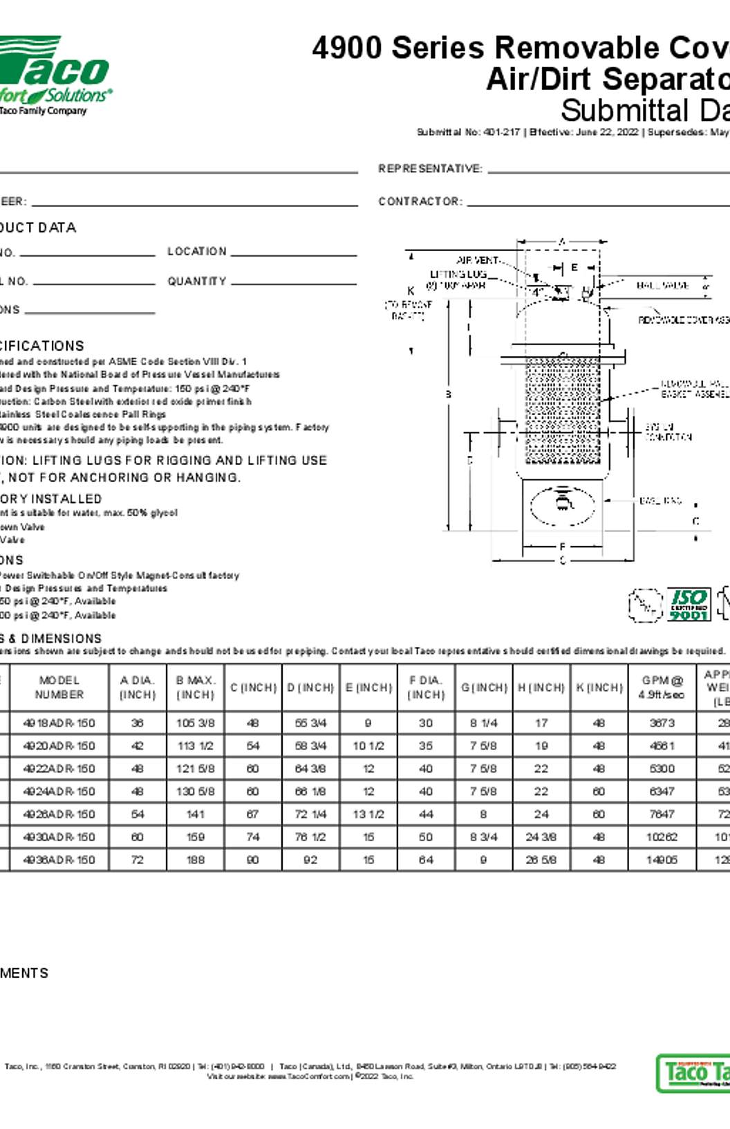 Taco 4900 Series Commercial Air Separators Submittal Data