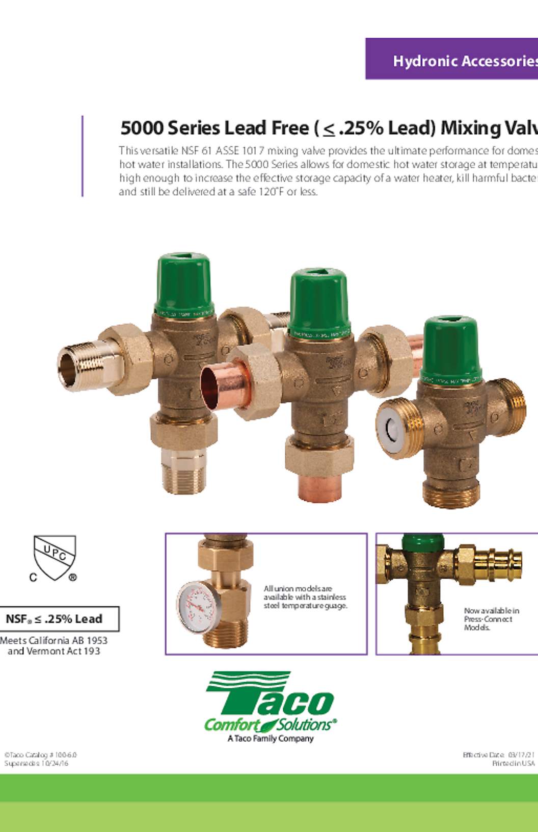 Taco 5000 Series Mixing Valves Lead-Free Catalog