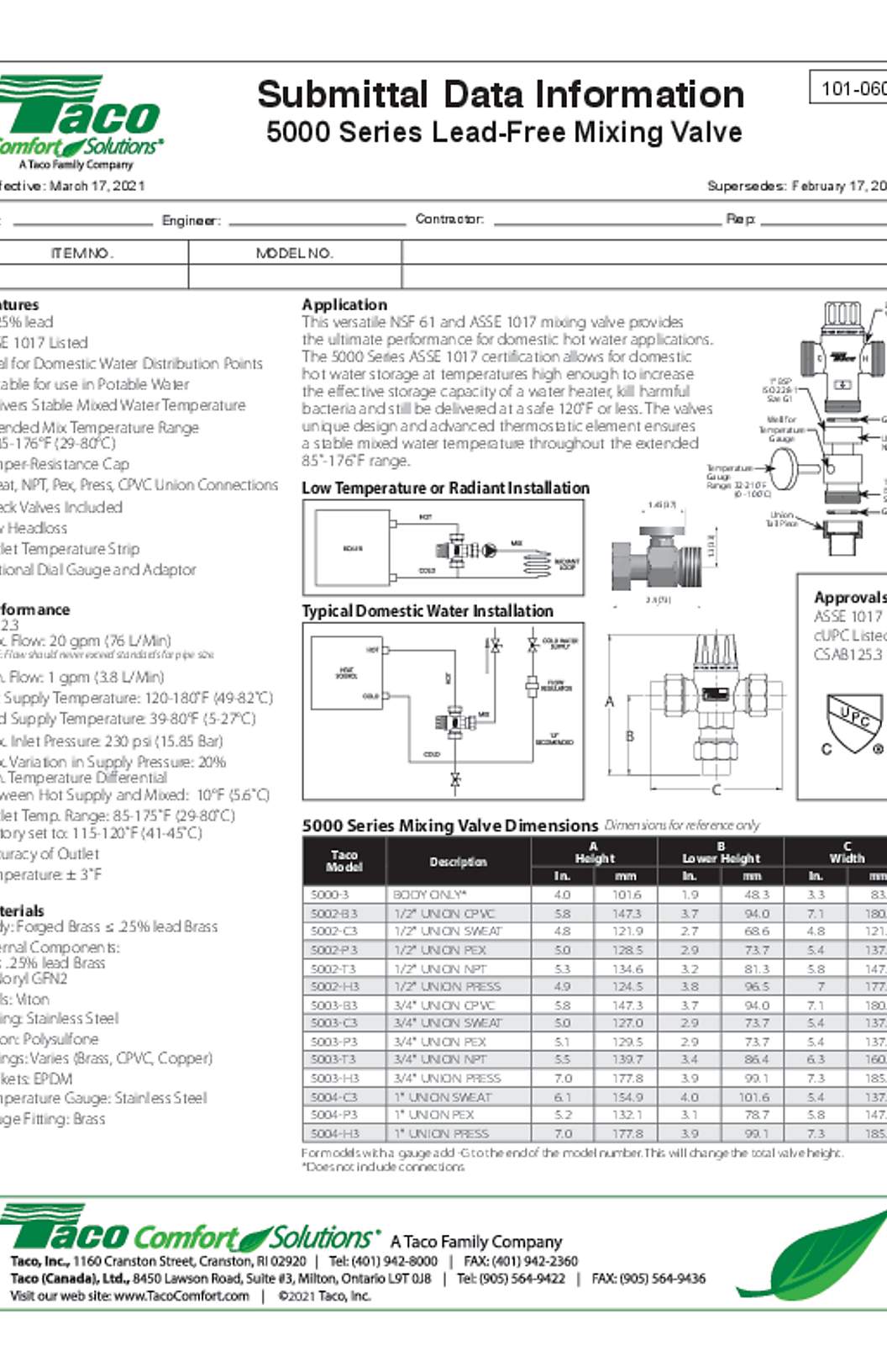 Taco 5000 Series Mixing Valves Lead-Free Submittal