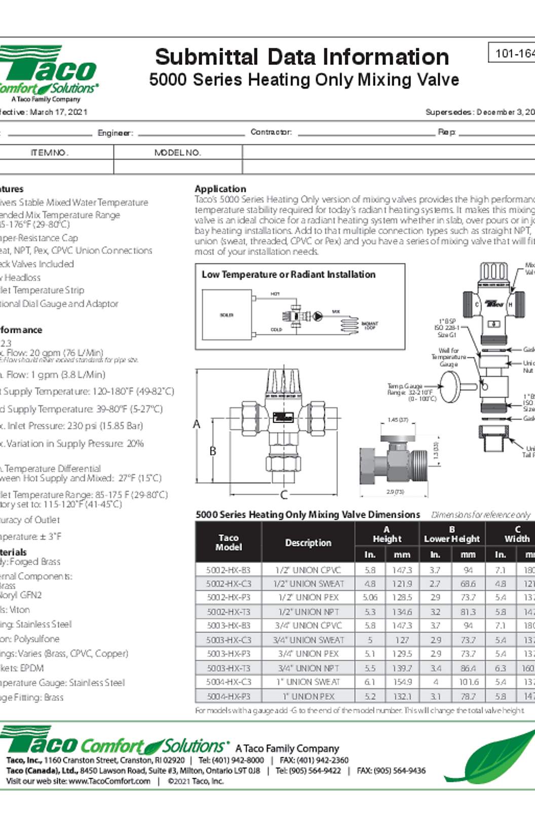Taco 5000 Series Mixing Valves Submittal