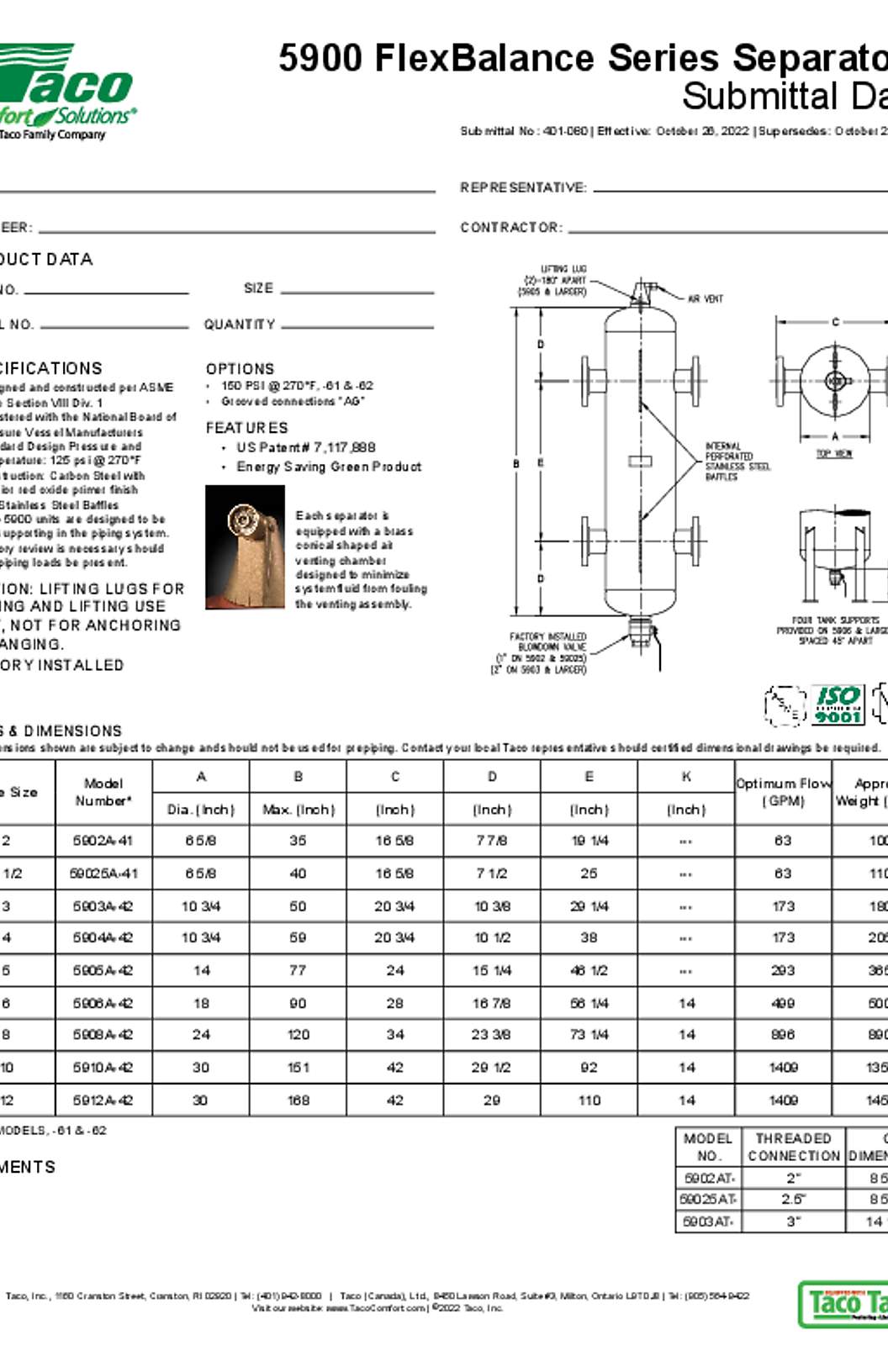 Taco 5900 Series FlexBalance Air Separators Submittal Data