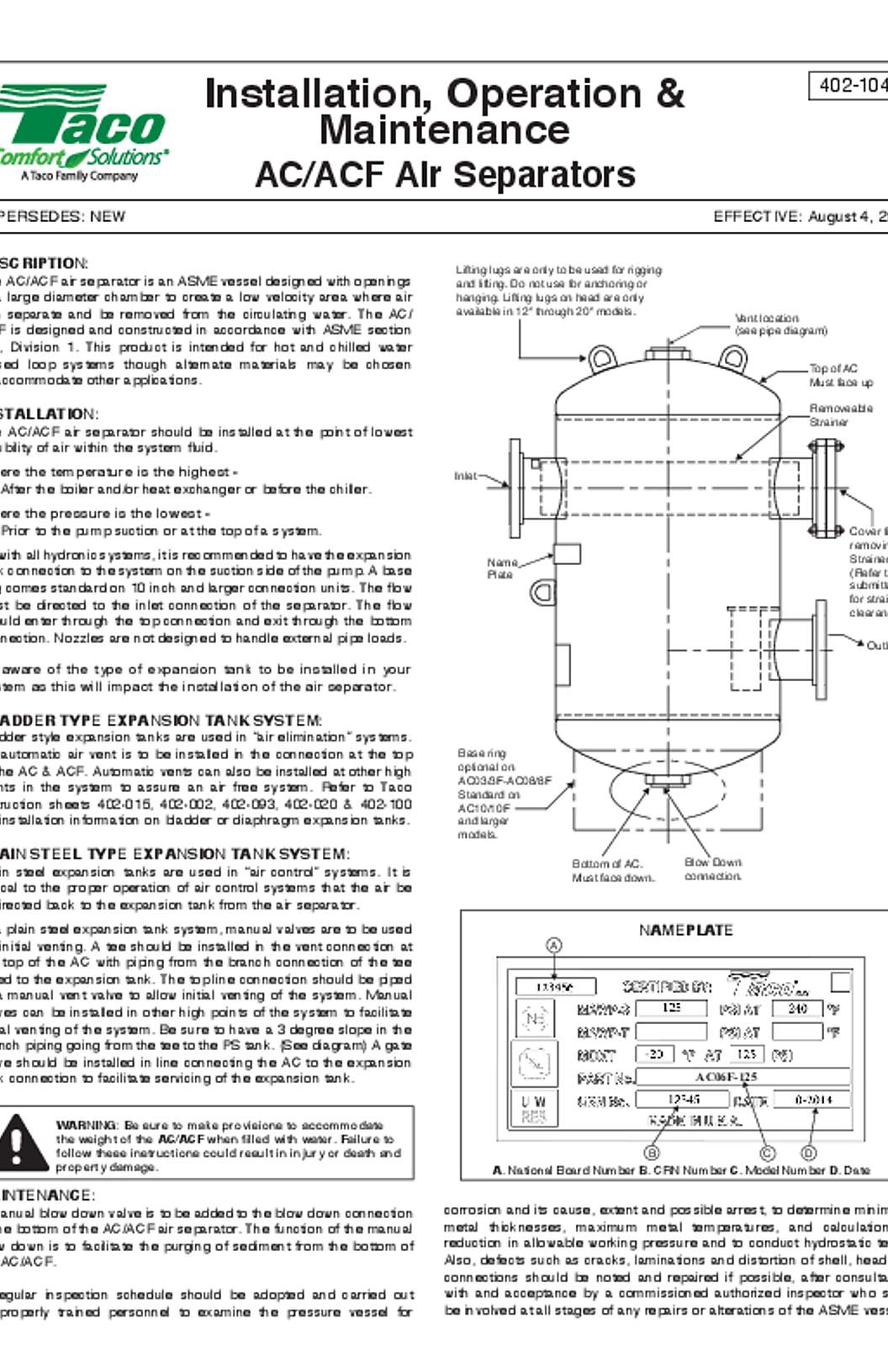 Taco AC/ACF Series In-Line Air Separators Instructions