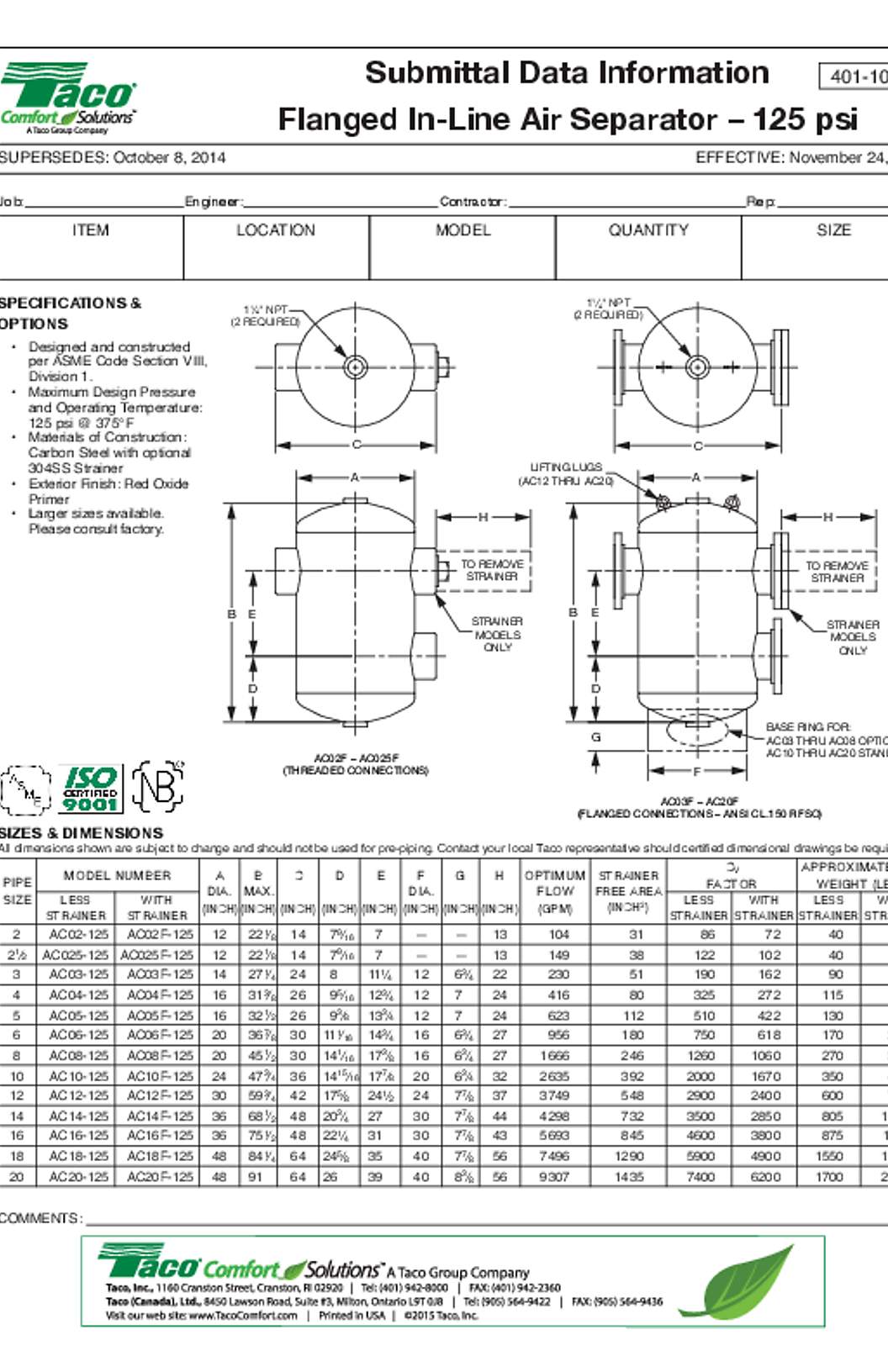 Taco AC Air Separators Submittals