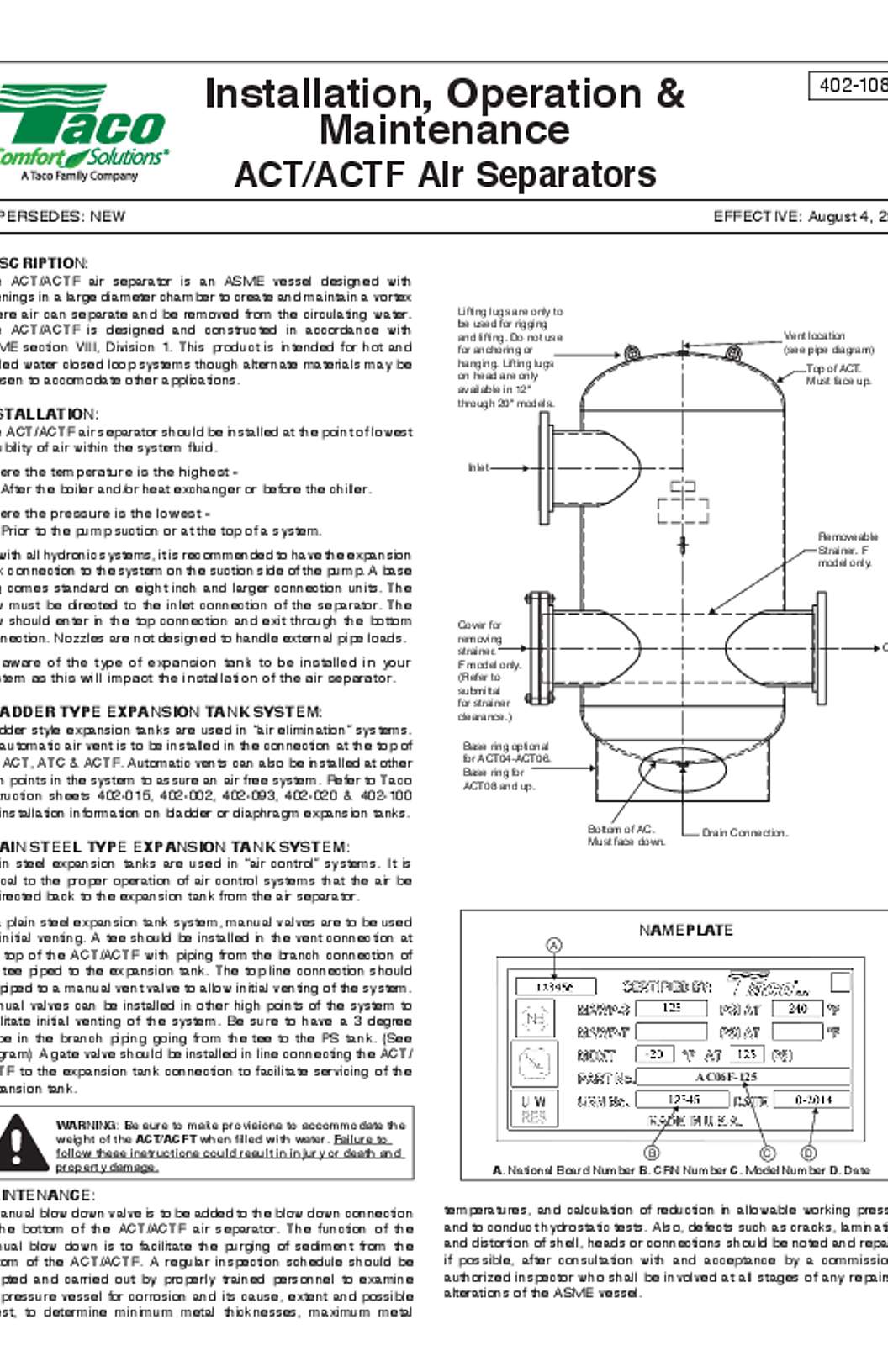 Taco ACT Series Tangential Air Separators Instructions