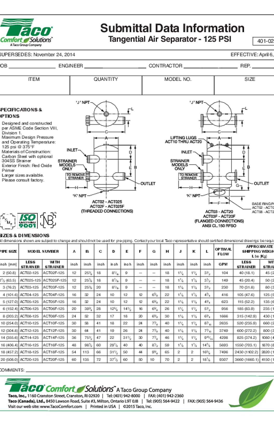 Taco ACT Series Tangential Air Separators Submittal Data