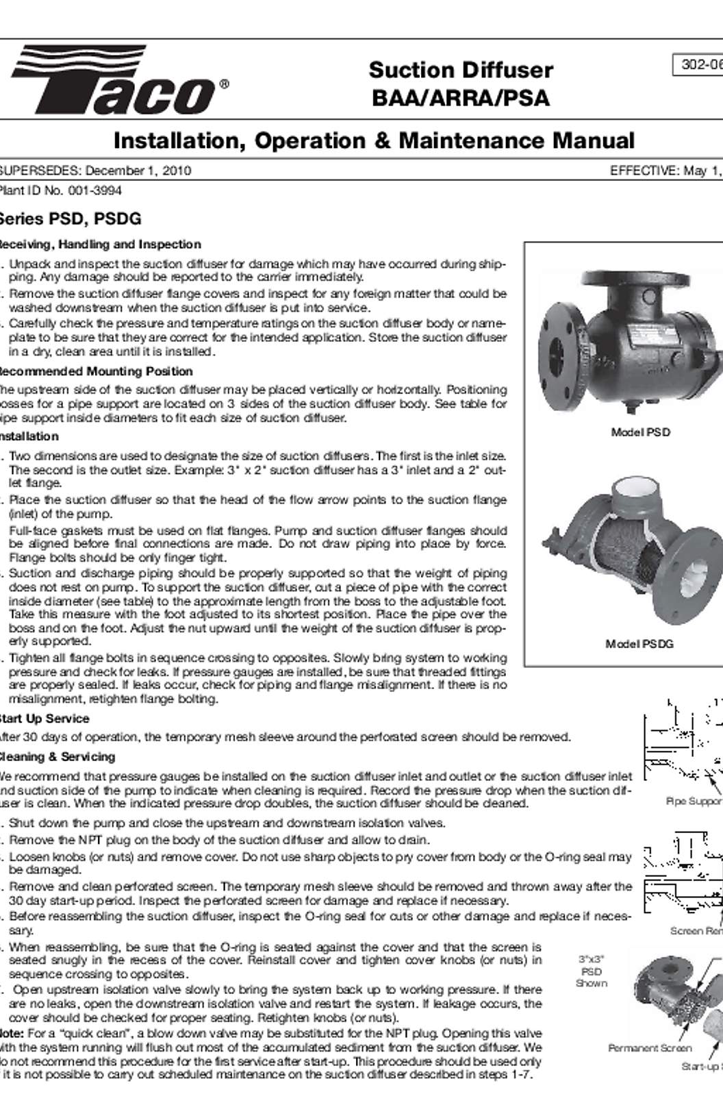 Taco BAA/ARRA/PSA Suction Diffuser - Grooved Submittal Data