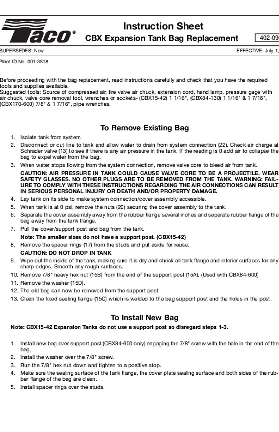 Taco CBX Expansion Tanks Instructions