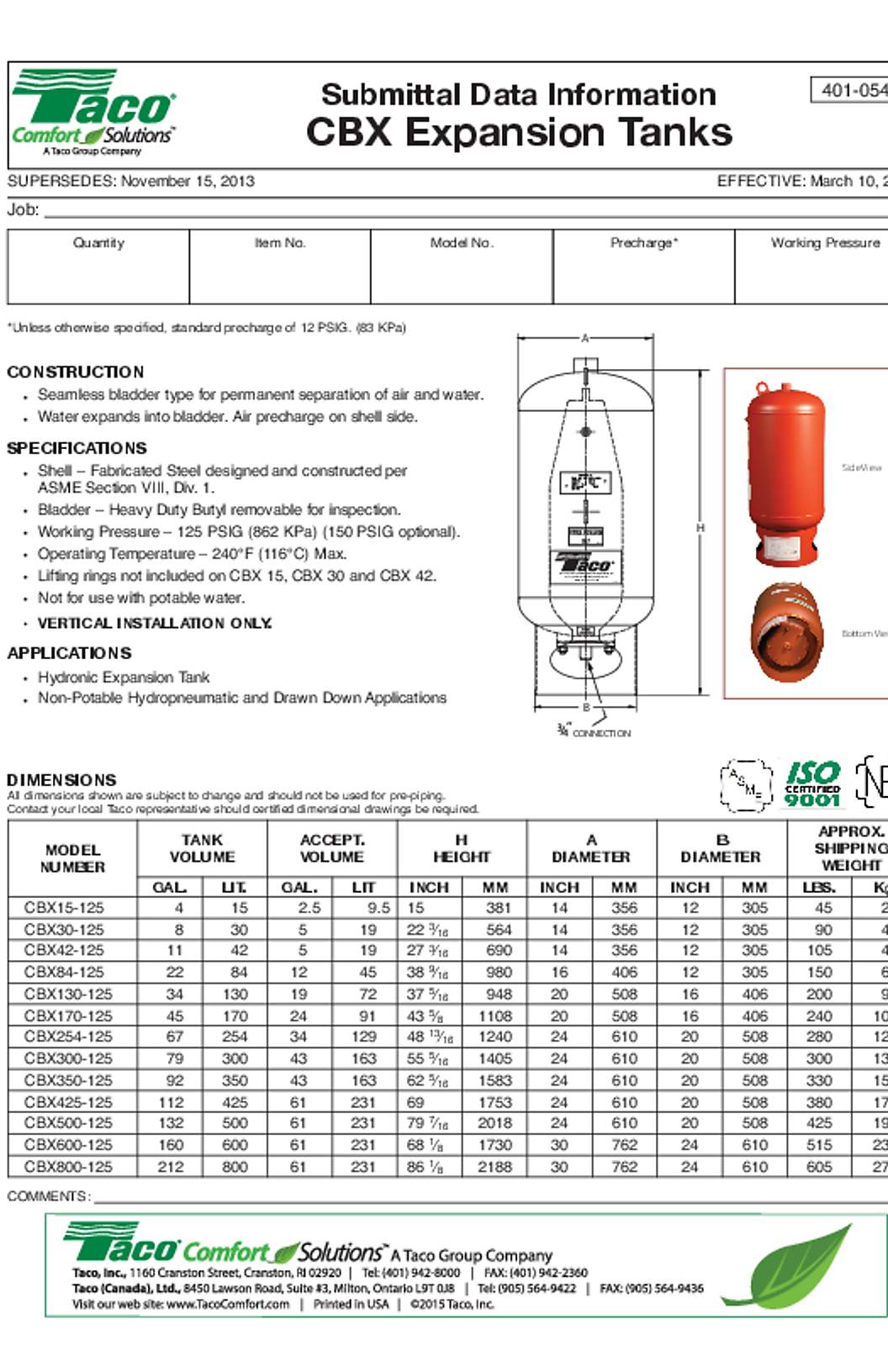 Taco CBX Expansion Tanks Submittal