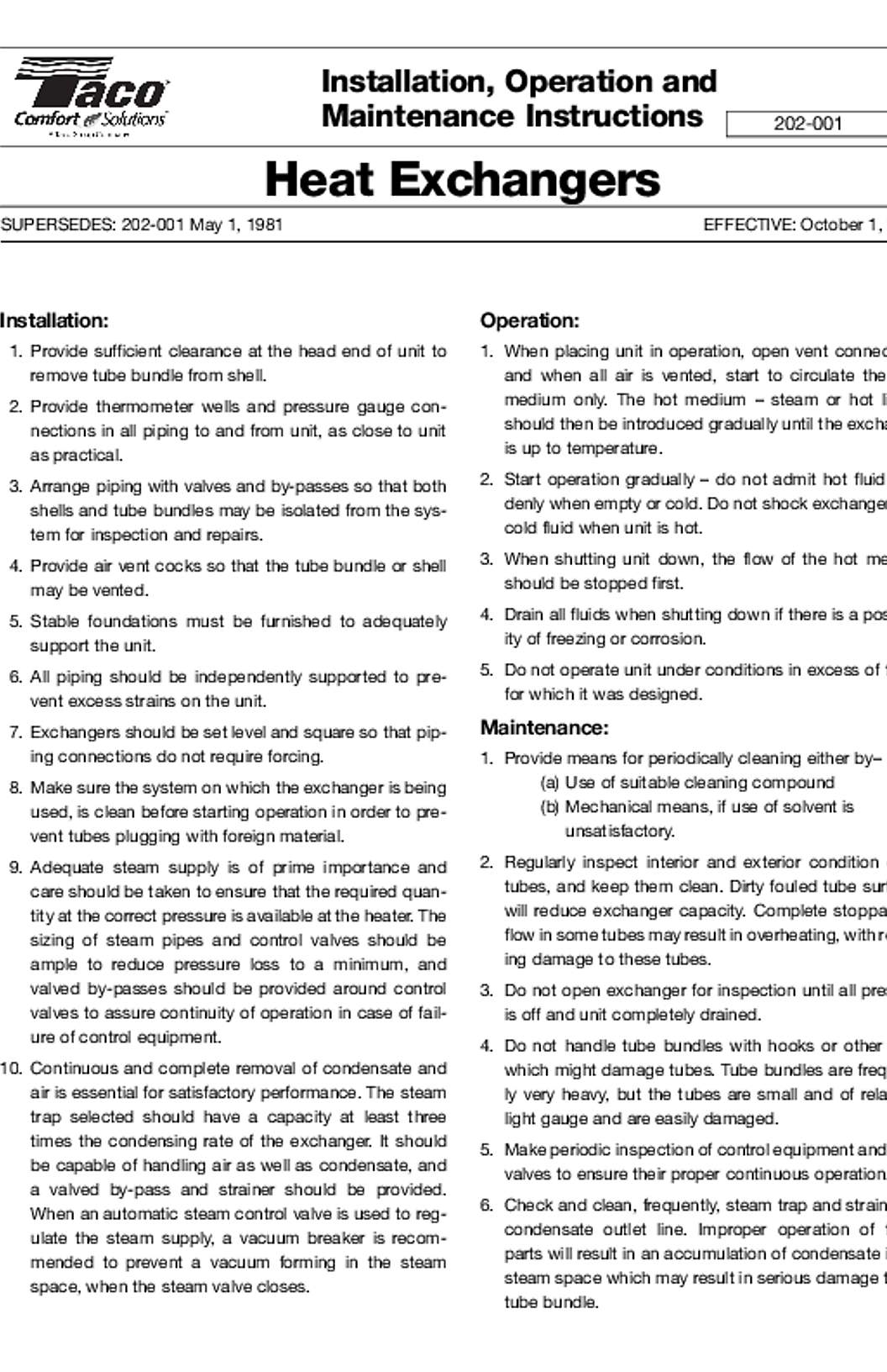 Taco Heat Exchangers Instructions