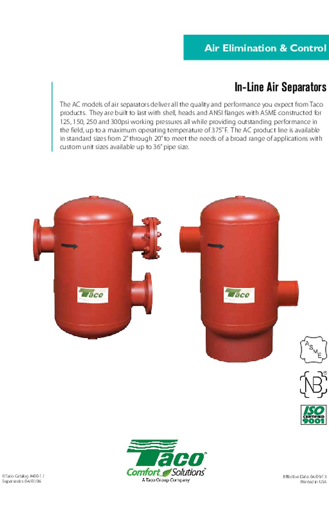 Taco In-Line Air Separators Catalog