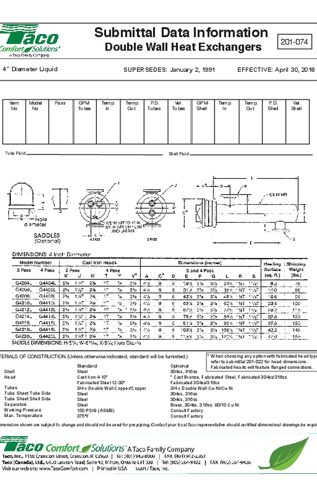 Taco LeakGuard Series Double Wall Liquid to Liquid Heat Exchangers Submittals