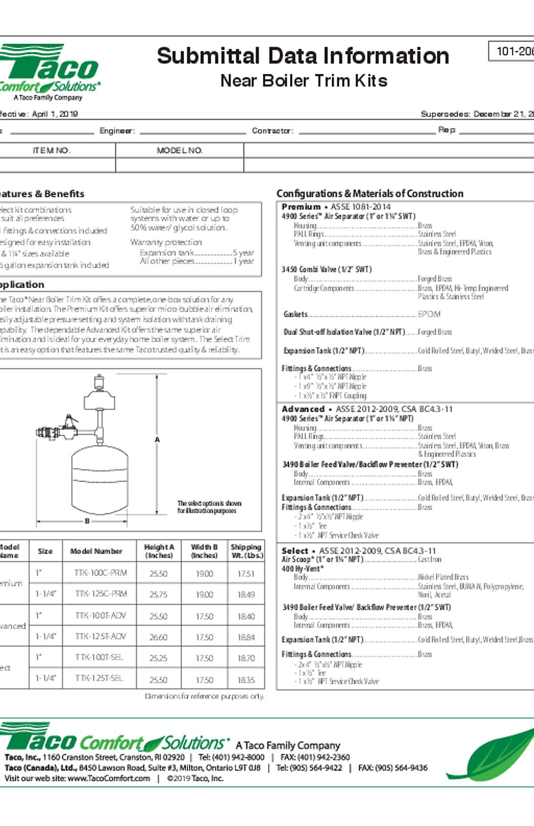 Taco Near Boiler Trim Kits Submittal