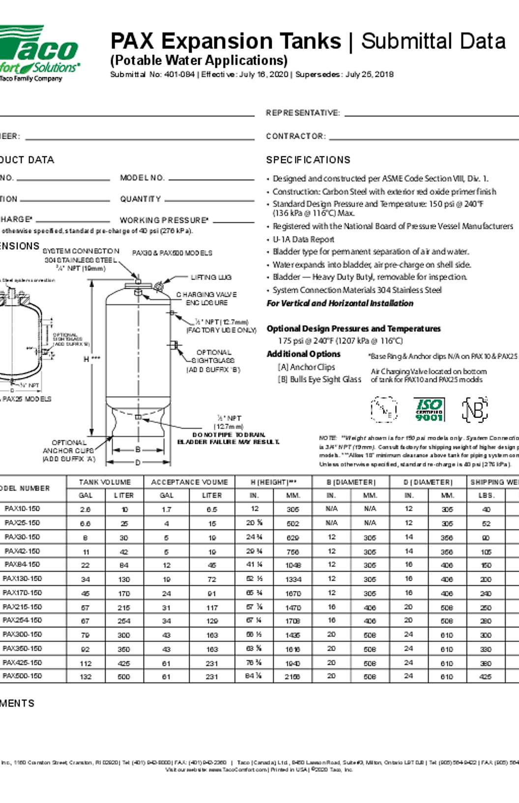 Taco PAX Bladder Expansion Tanks Submittal