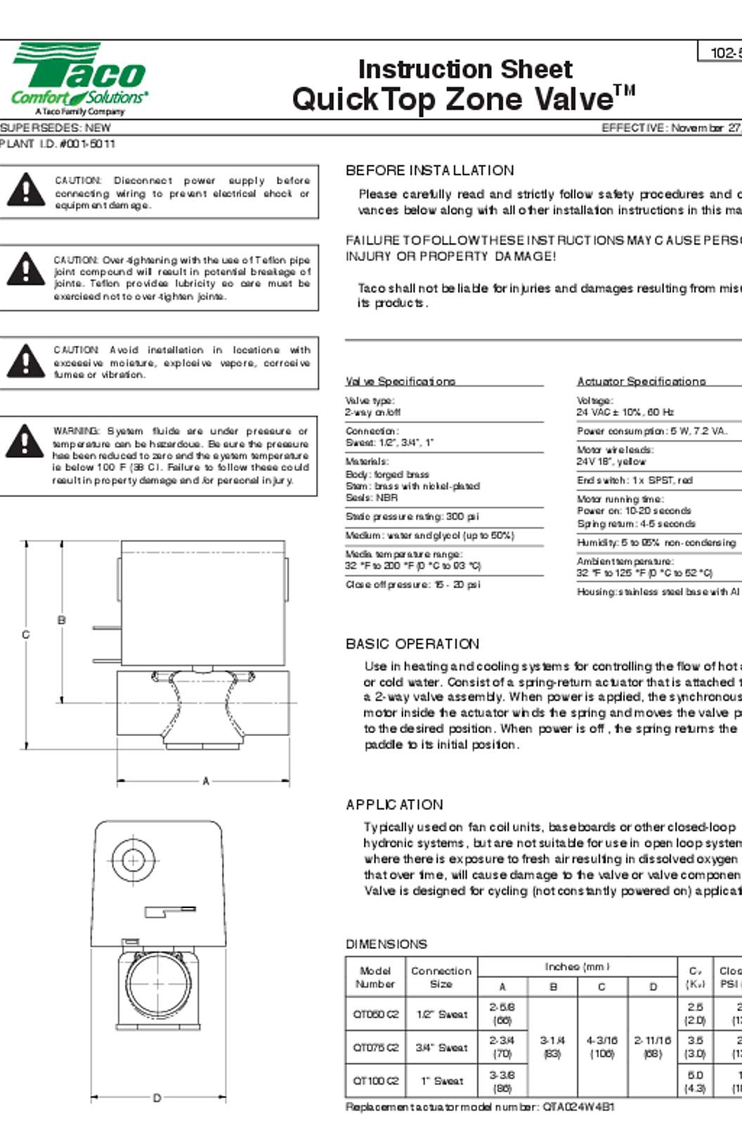 Taco QuickTop Zone Valve Instructions