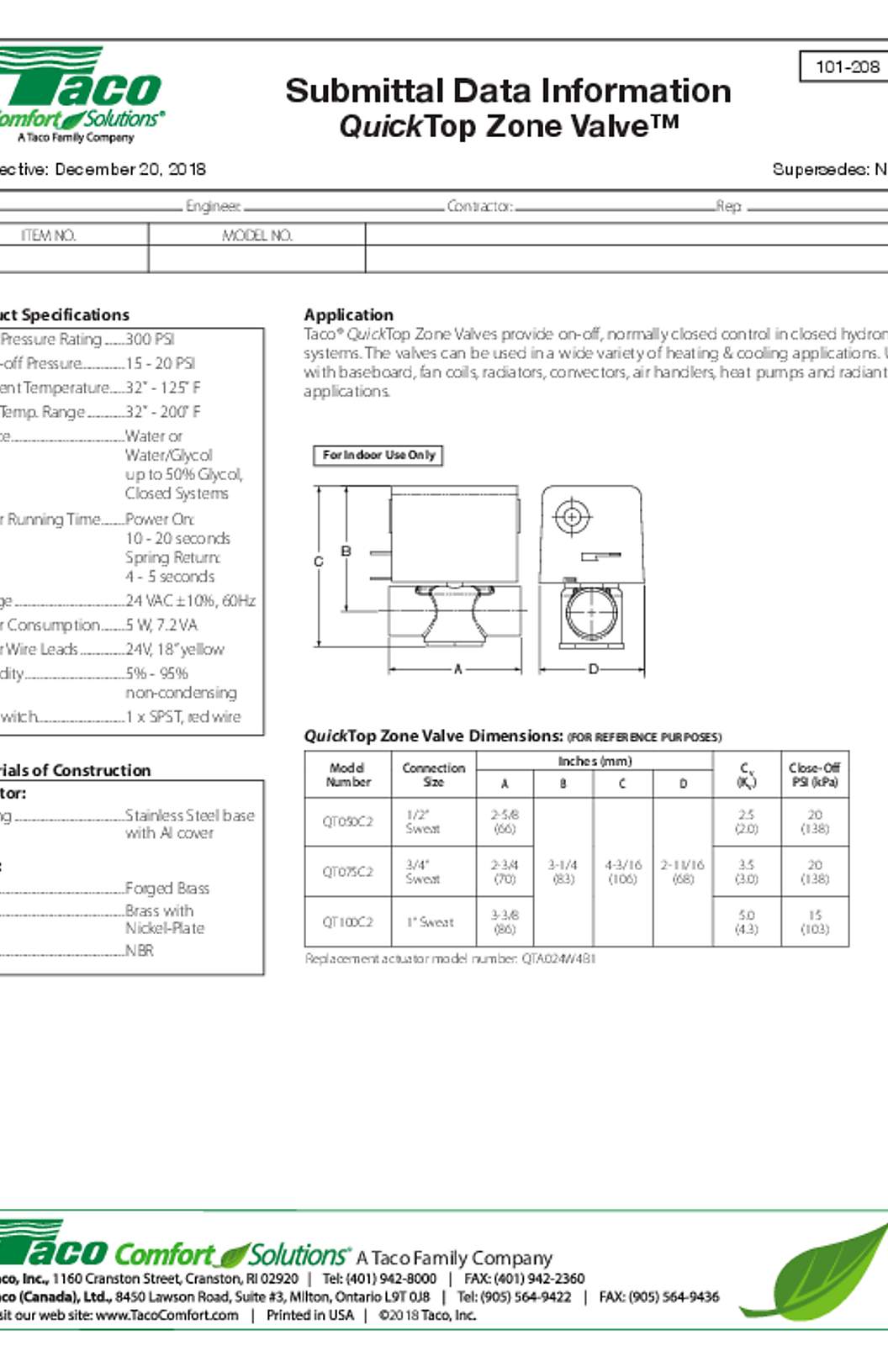Taco QuickTop Zone Valve Submittal